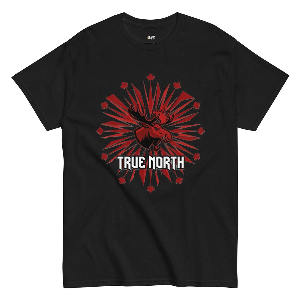 Black True North t-shirt with red moose graphic, maple leaves, and sunburst design for Canadian sports fans