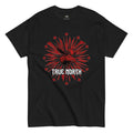 Black True North t-shirt with red moose graphic, maple leaves, and sunburst design for Canadian sports fans