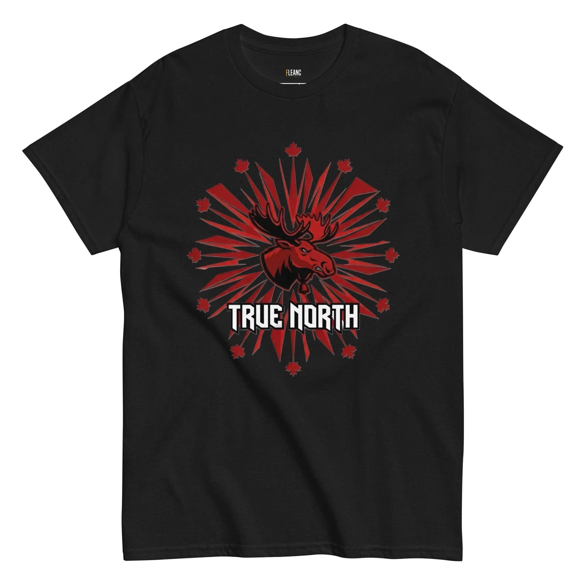 Black True North t-shirt with red moose graphic, maple leaves, and sunburst design for Canadian sports fans
