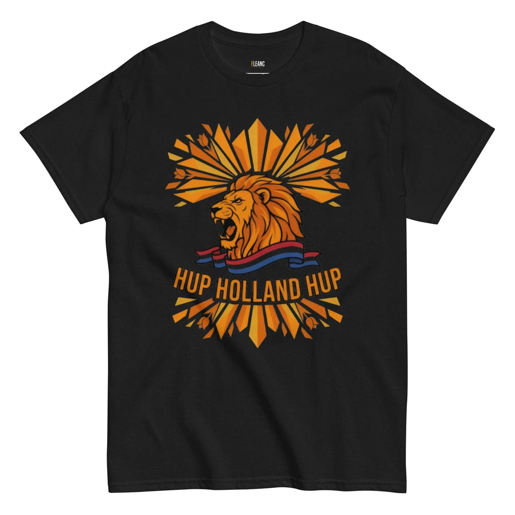 Black t-shirt with roaring lion graphic, 'HUP HOLLAND HUP' text, and orange sunburst design for Dutch football fans