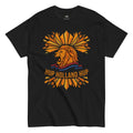 Black t-shirt with roaring lion graphic, 'HUP HOLLAND HUP' text, and orange sunburst design for Dutch football fans
