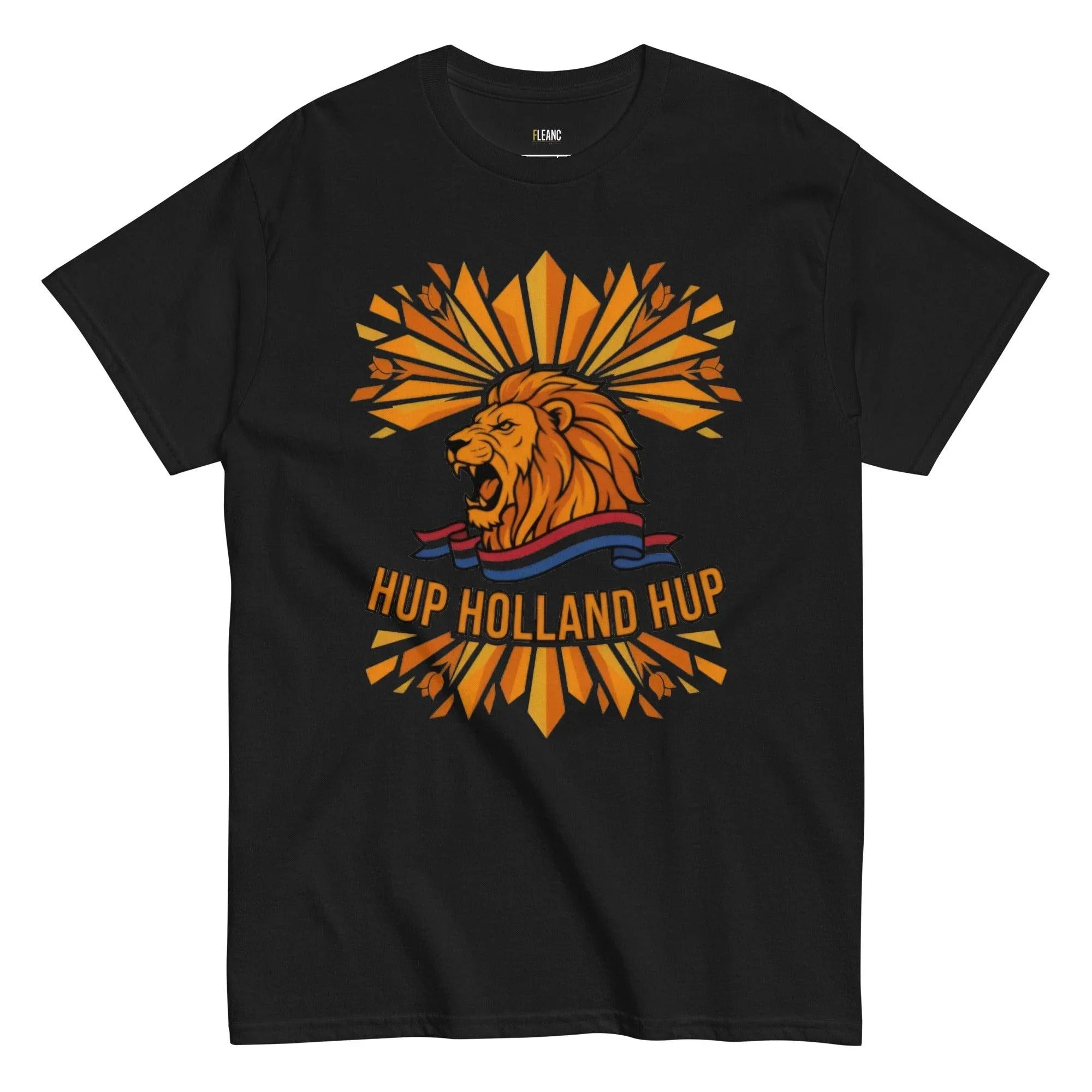 Black t-shirt with roaring lion graphic, 'HUP HOLLAND HUP' text, and orange sunburst design for Dutch football fans