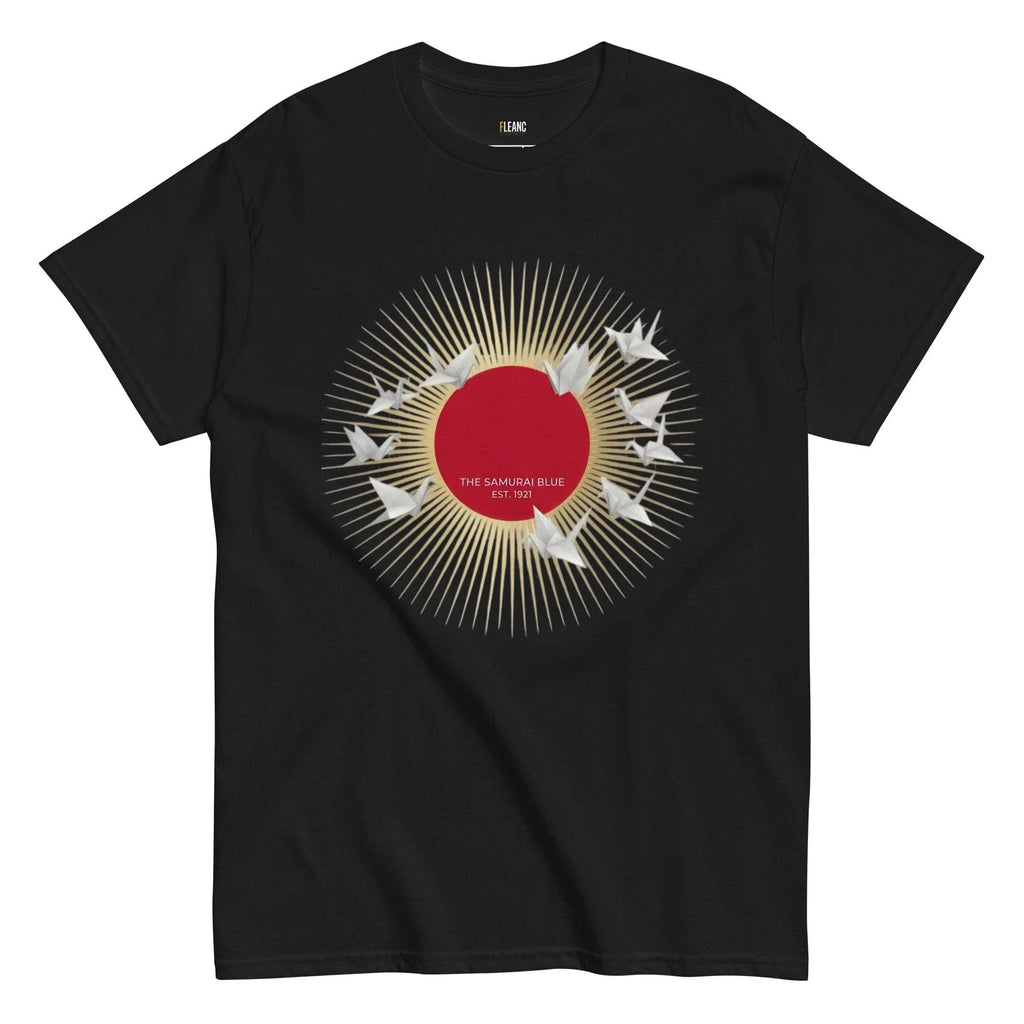 Black t-shirt with red sun, origami cranes, and 'The Samurai Blue Est. 1921' design for football fans