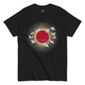 Black t-shirt with red sun, origami cranes, and 'The Samurai Blue Est. 1921' design for football fans