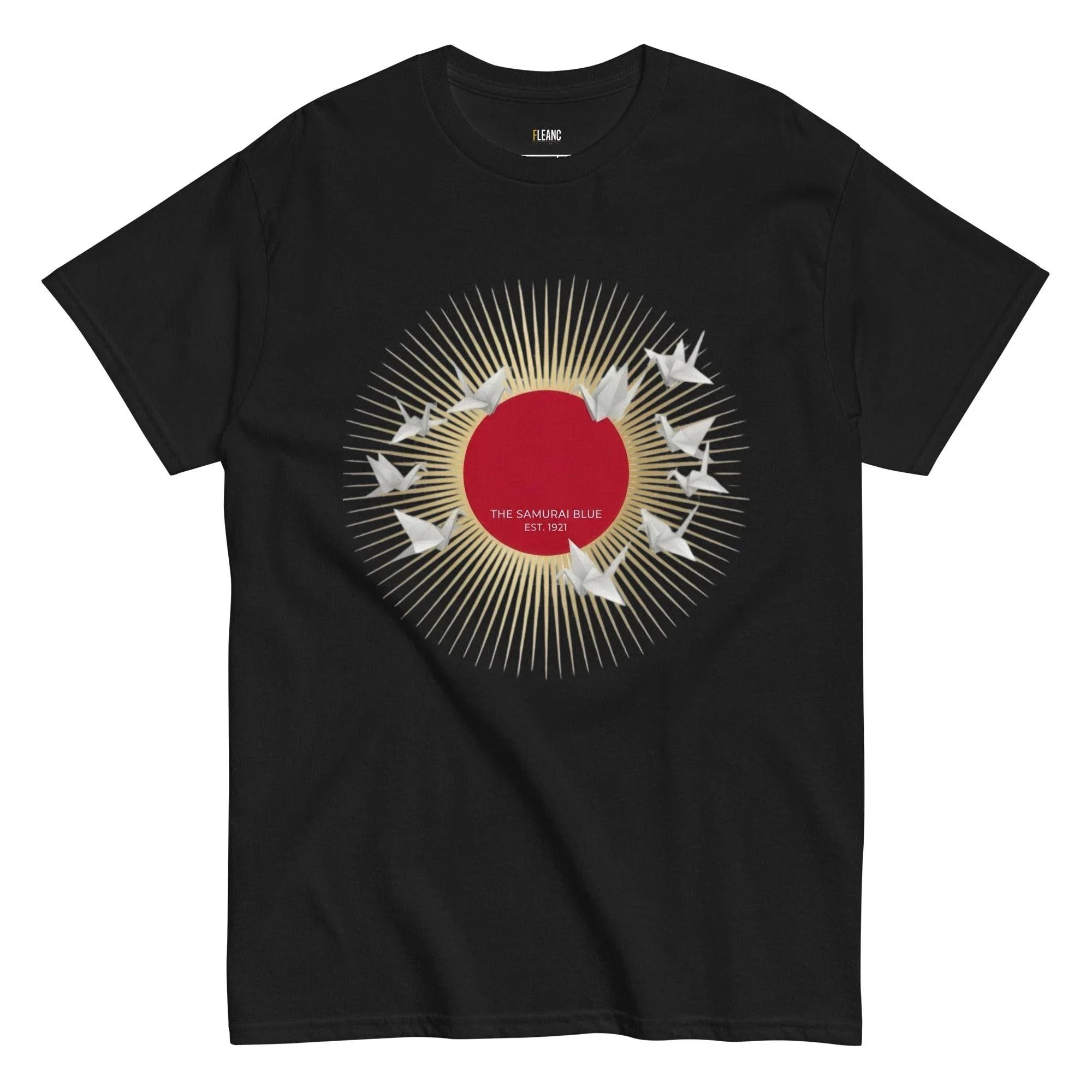 Black t-shirt with red sun, origami cranes, and 'The Samurai Blue Est. 1921' design for football fans