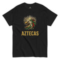 Black Aztecas t-shirt with eagle and soccer ball graphic, bold gold lettering, sports fan apparel
