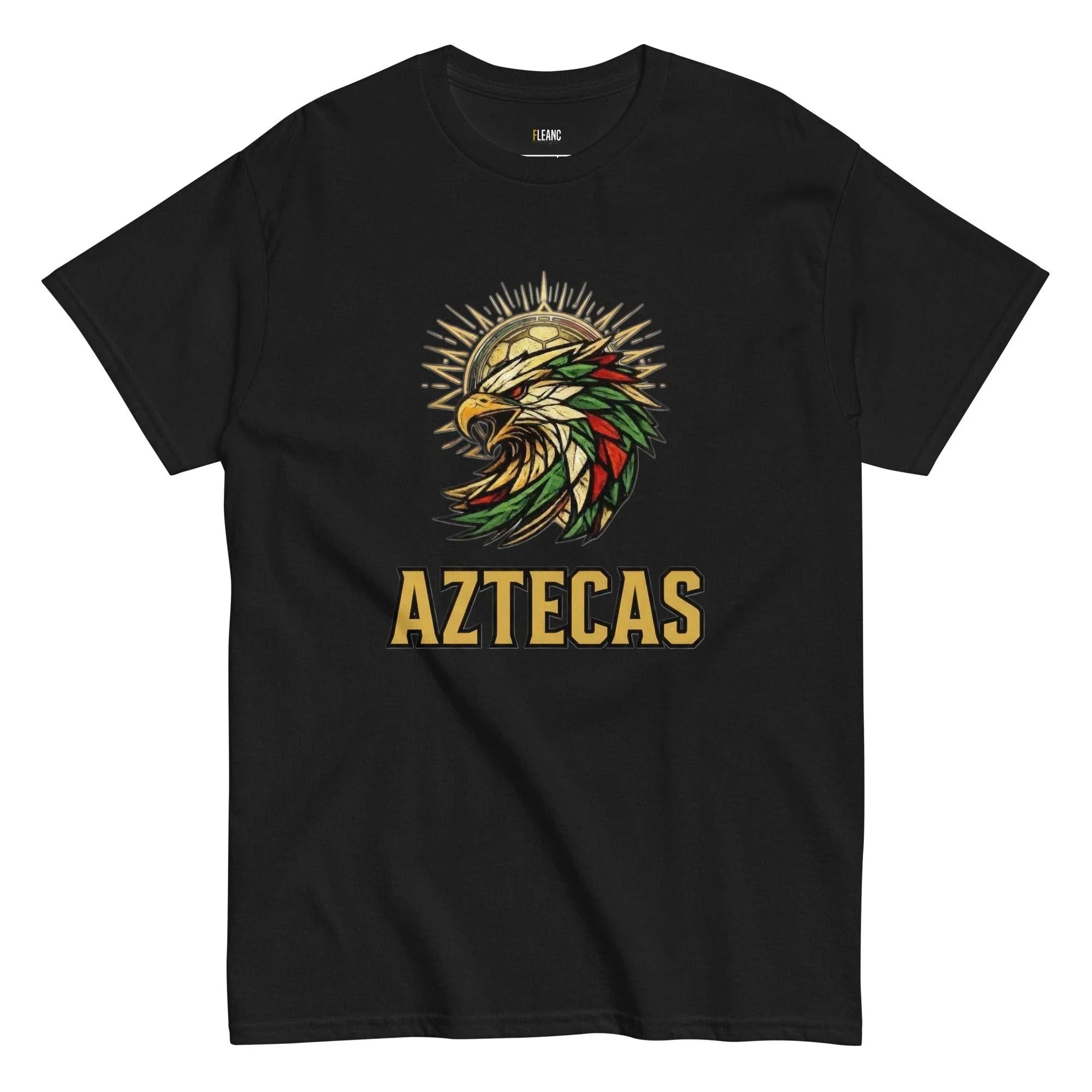 Black Aztecas t-shirt with eagle and soccer ball graphic, bold gold lettering, sports fan apparel