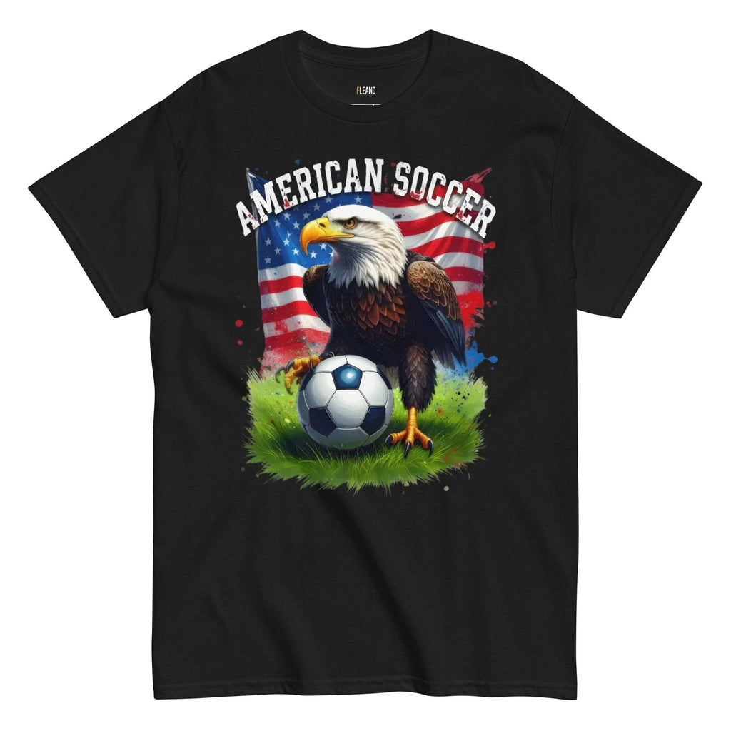 American soccer t-shirt with bald eagle, USA flag, and football on grass design