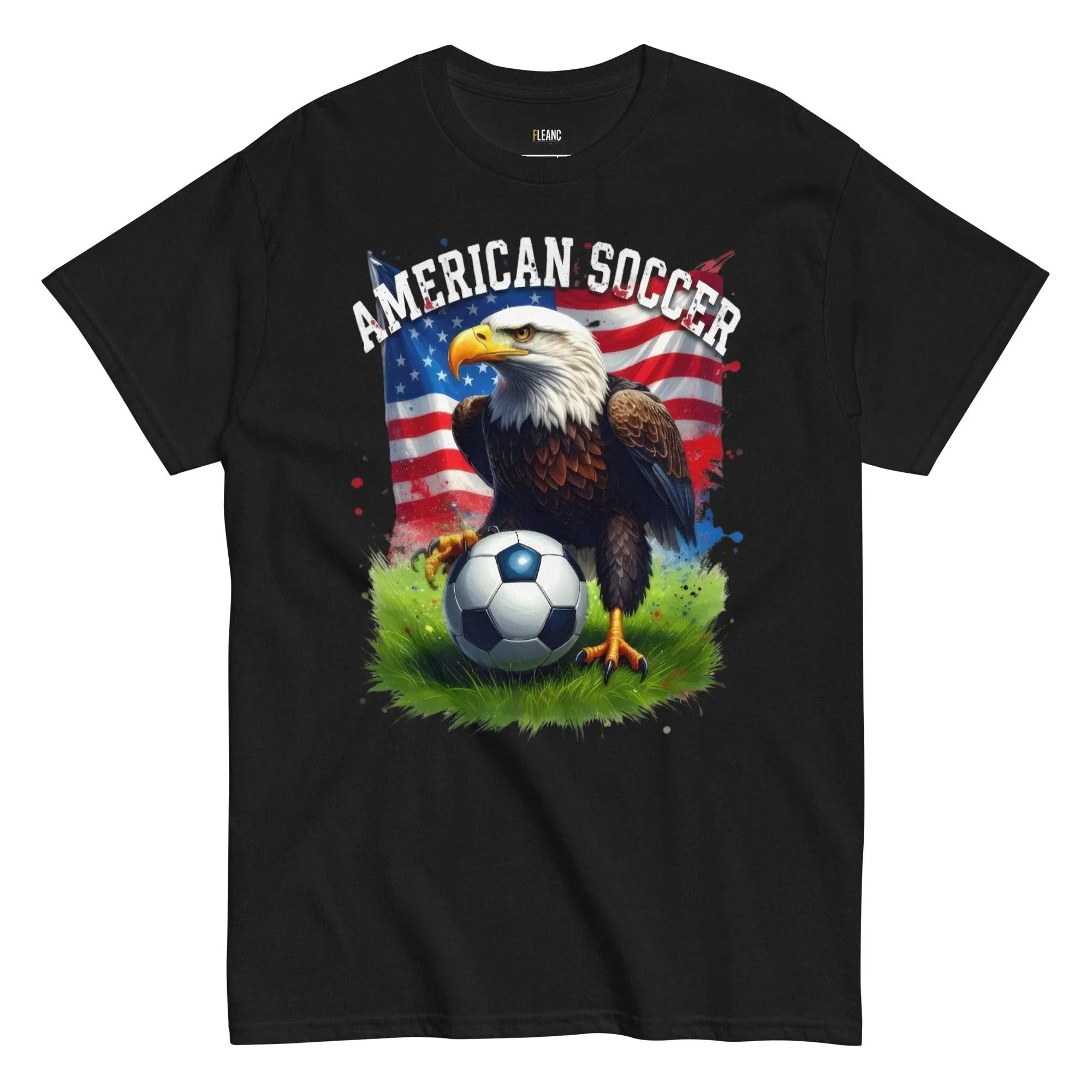 American soccer t-shirt with bald eagle, USA flag, and football on grass design