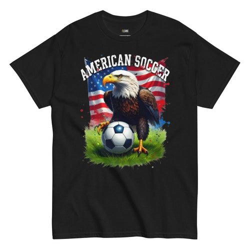 American soccer t-shirt with bald eagle, USA flag, and football on grass design