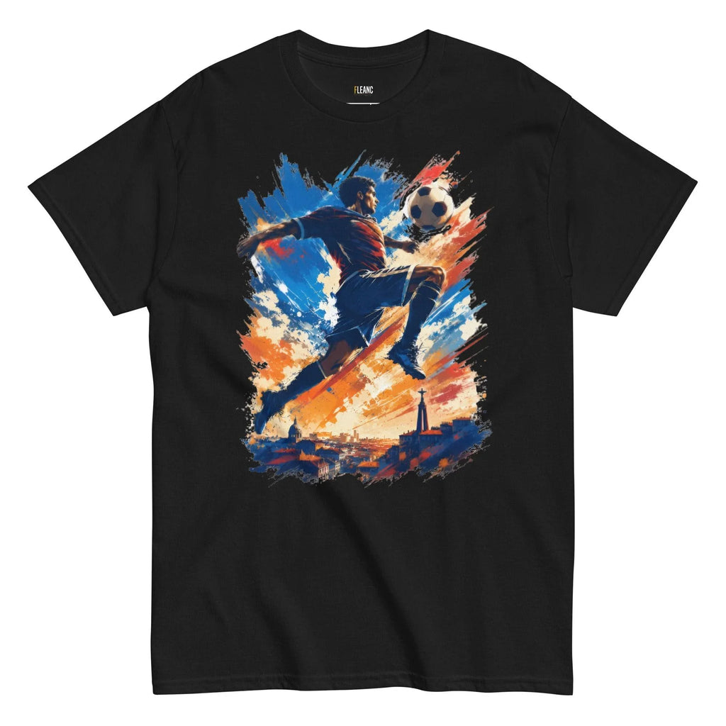 Black soccer t-shirt with dynamic player kicking ball over cityscape, vibrant blue and orange design for football fans