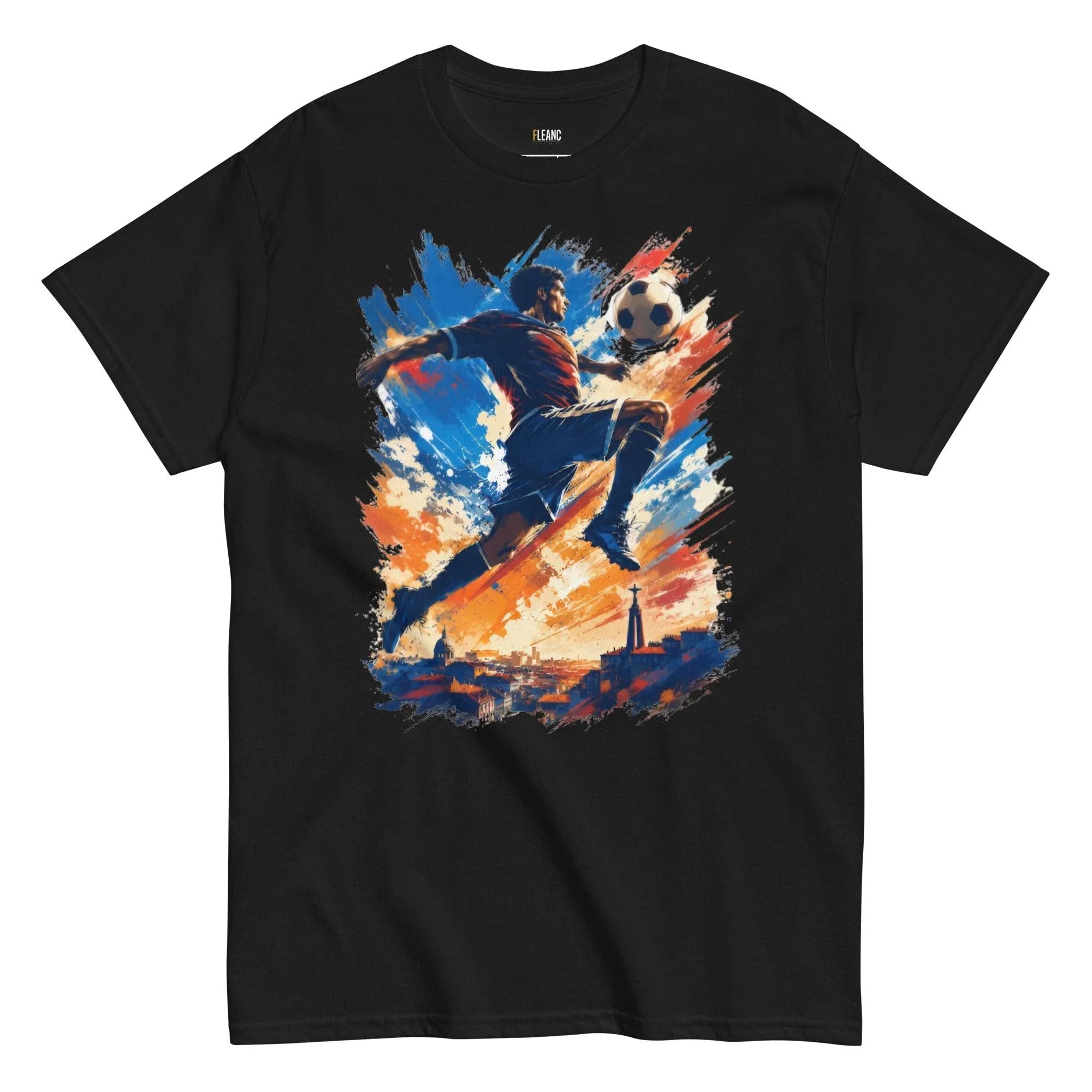 Black soccer t-shirt with dynamic player kicking ball over cityscape, vibrant blue and orange design for football fans