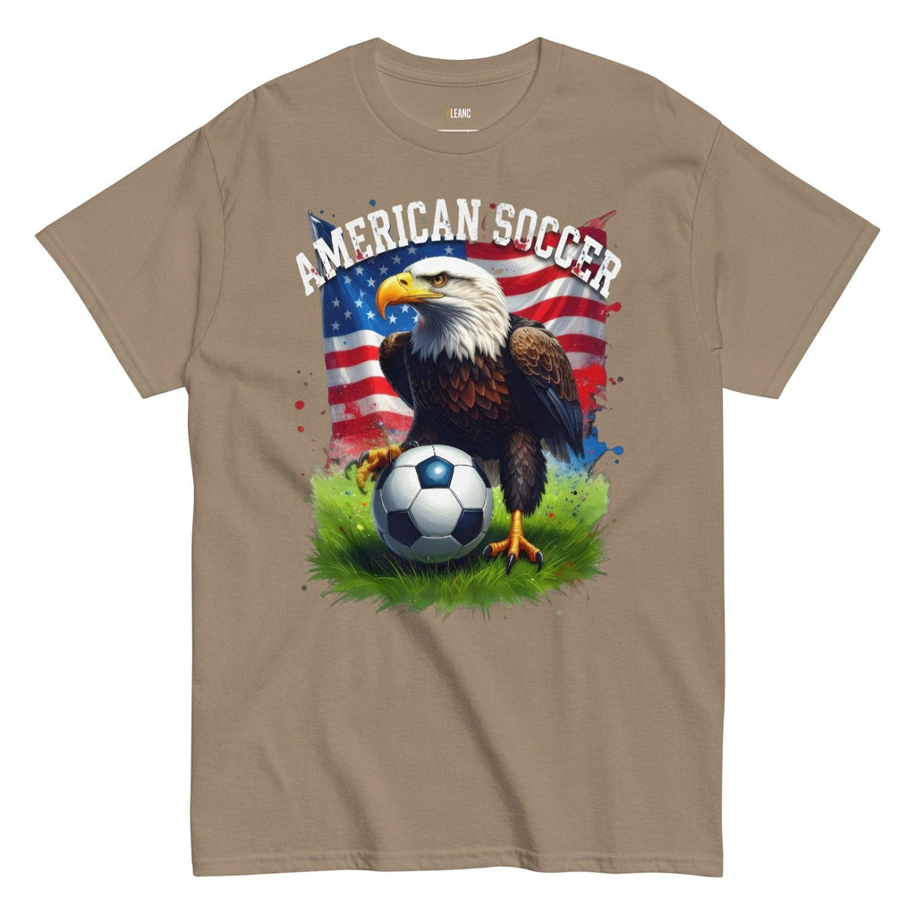 American soccer t-shirt with bald eagle, USA flag, and football on grass design