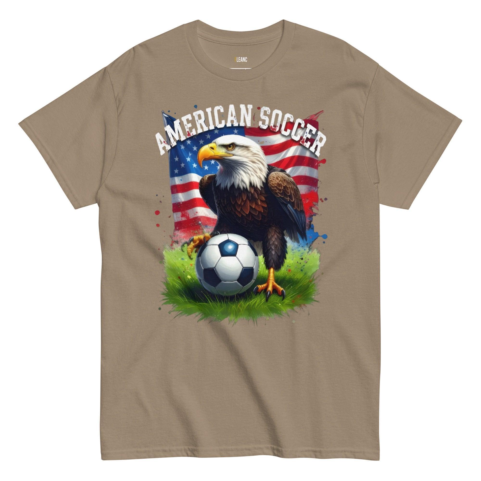 American soccer t-shirt with bald eagle, USA flag, and football on grass design