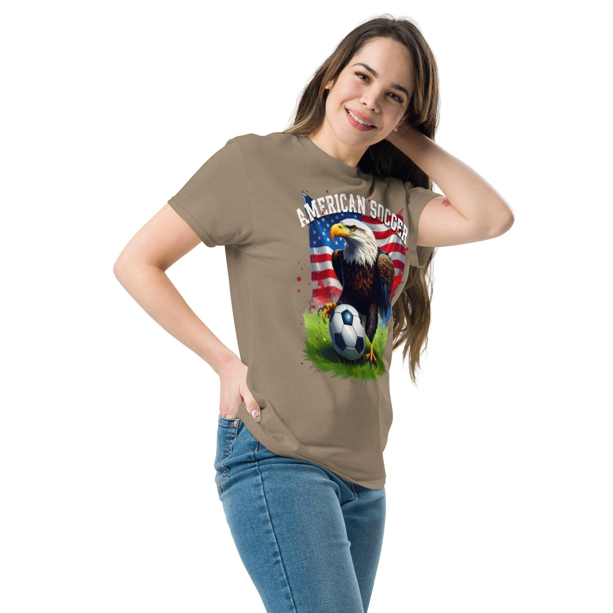 American soccer t-shirt with bald eagle and flag design, perfect for football fans and patriotic supporters.