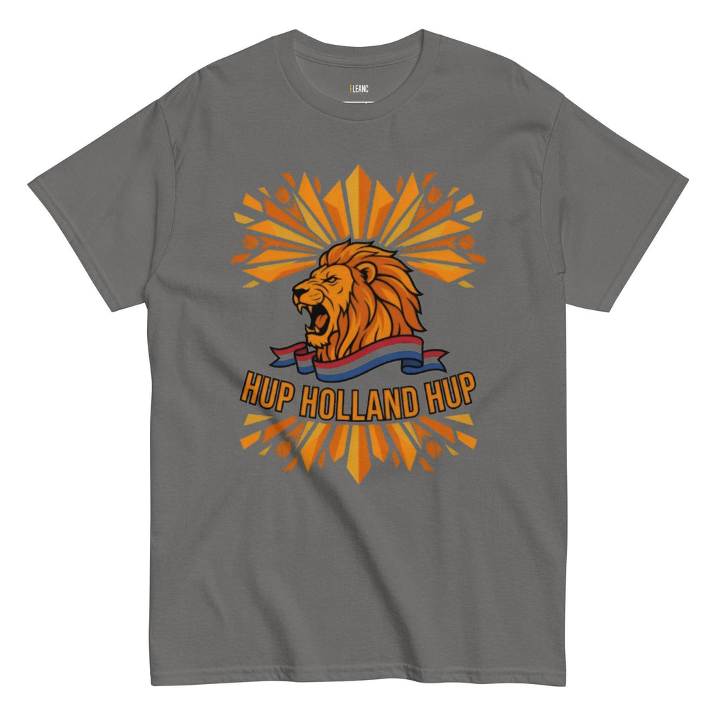 Gray t-shirt with roaring lion graphic, 'HUP HOLLAND HUP' text, and Dutch flag ribbon for football fans