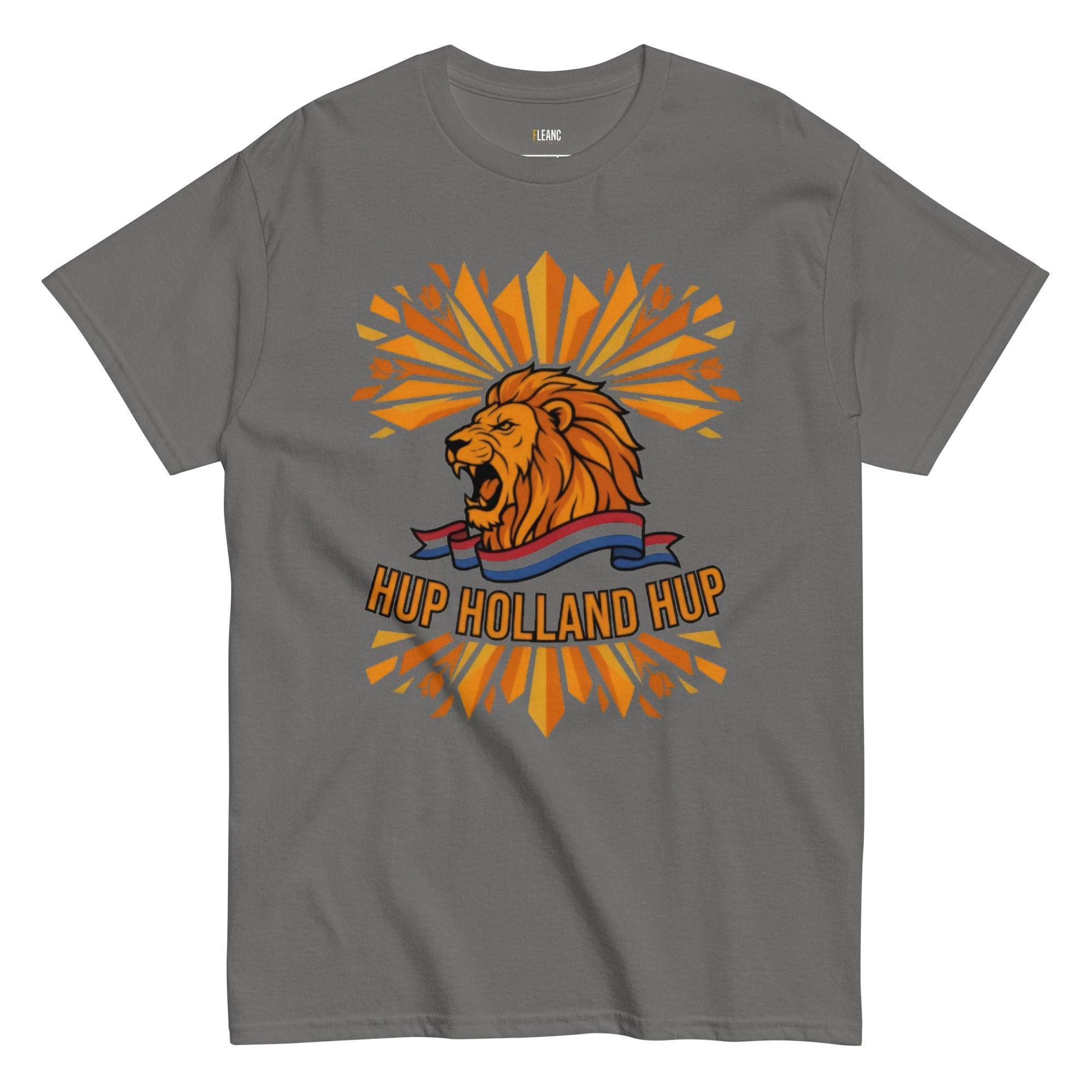 Gray t-shirt with roaring lion graphic, 'HUP HOLLAND HUP' text, and Dutch flag ribbon for football fans