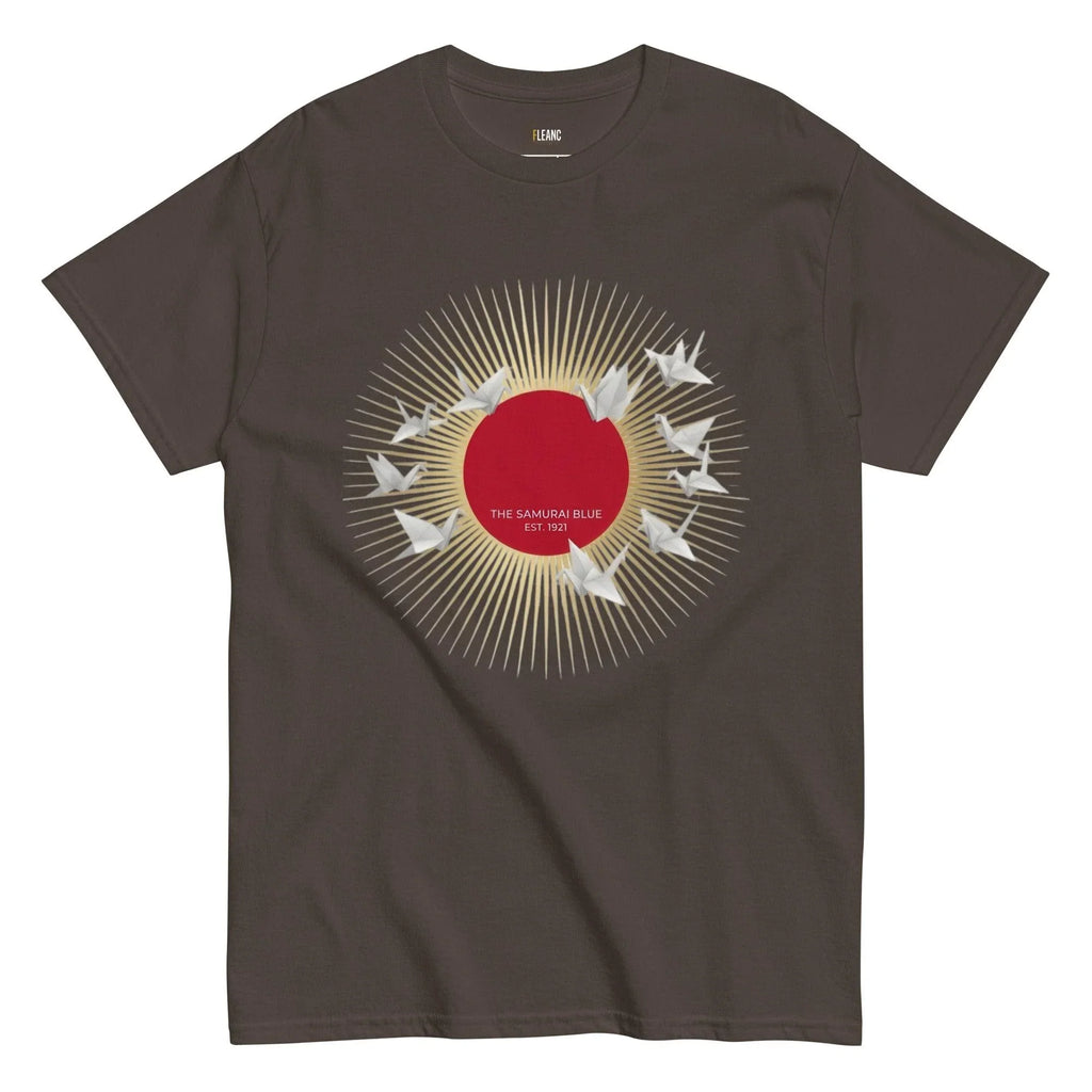 Brown t-shirt with red sun, origami cranes, and 'The Samurai Blue Est. 1921' design for football fans