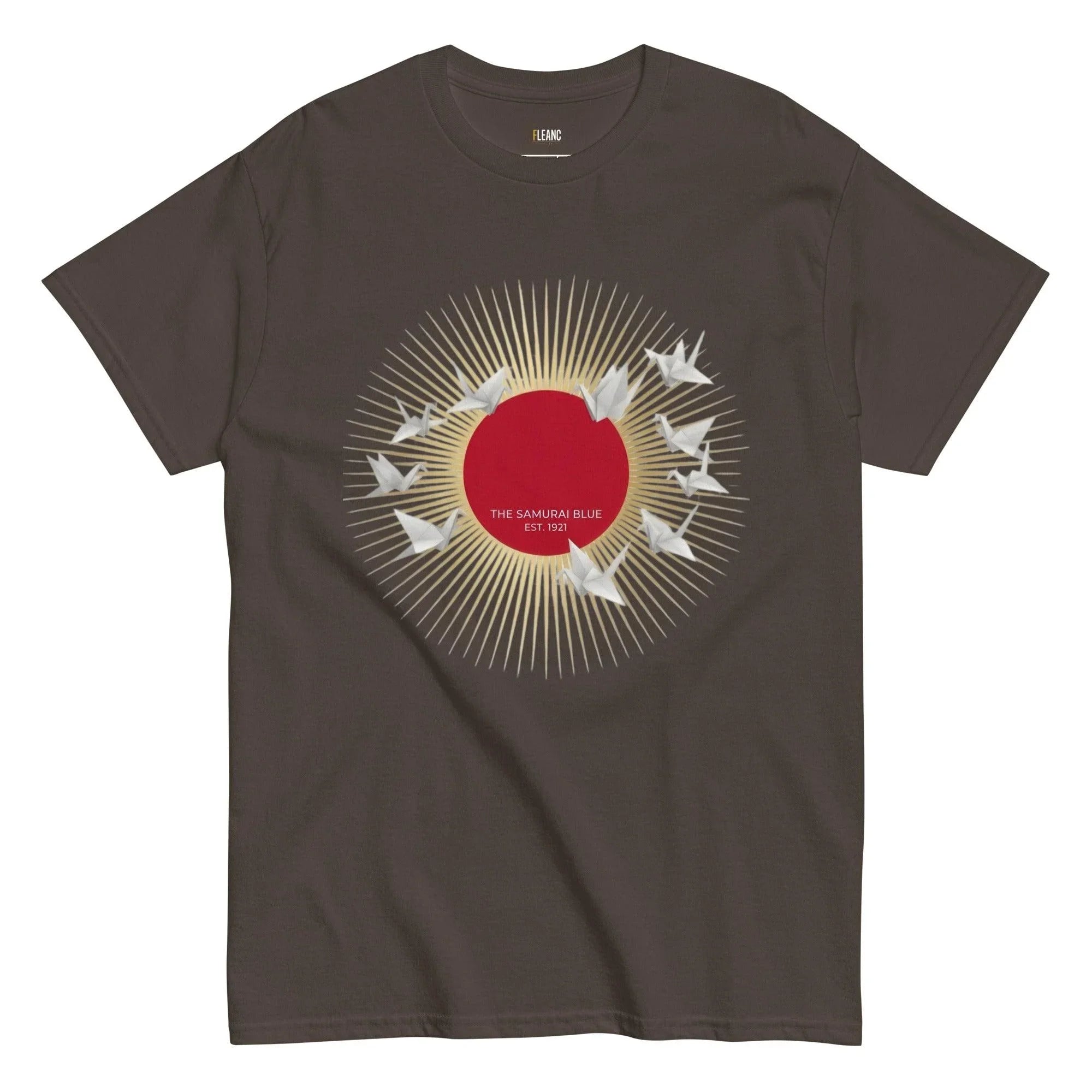 Brown t-shirt with red sun, origami cranes, and 'The Samurai Blue Est. 1921' design for football fans