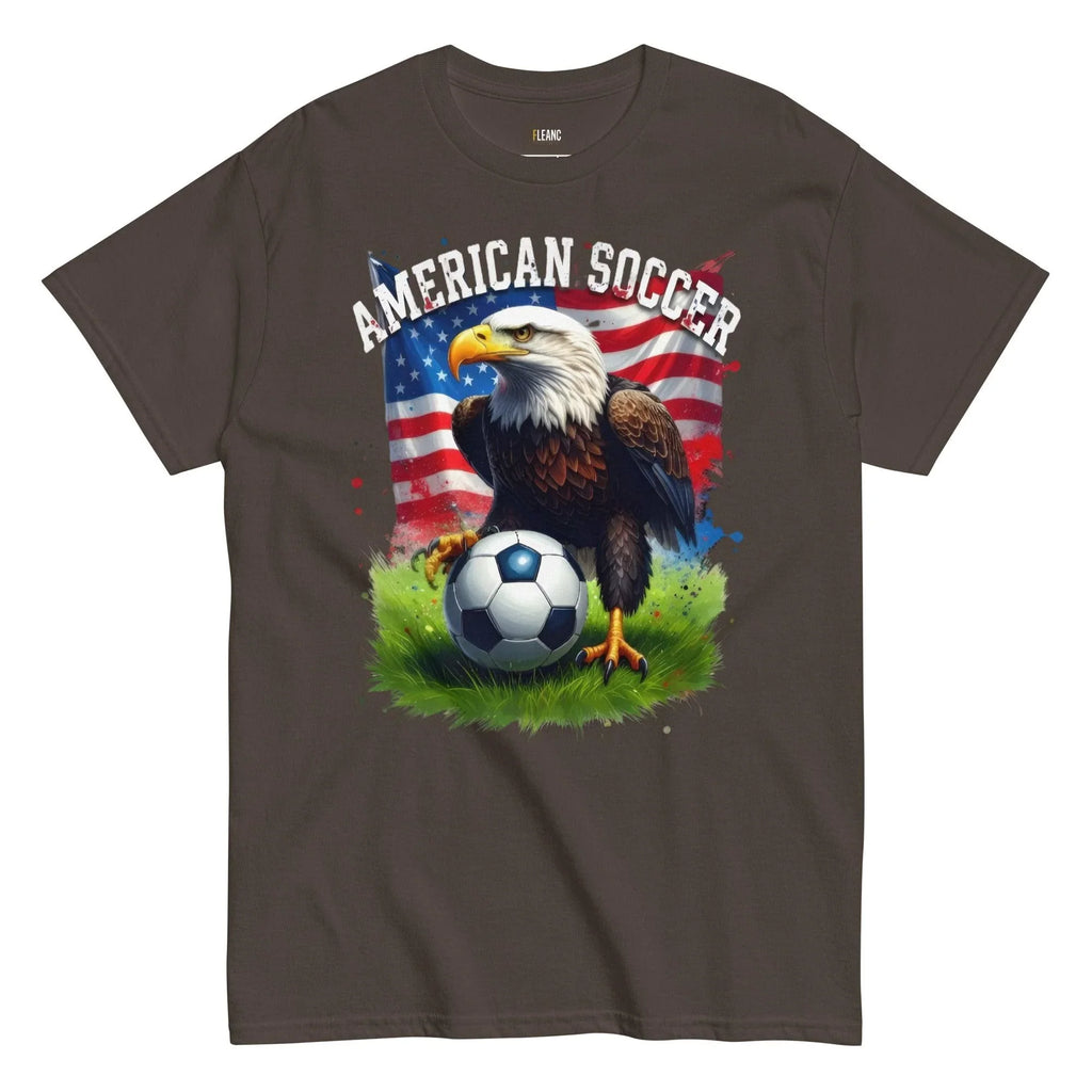 American Soccer t-shirt with bald eagle, USA flag, and soccer ball on grass, patriotic fan apparel