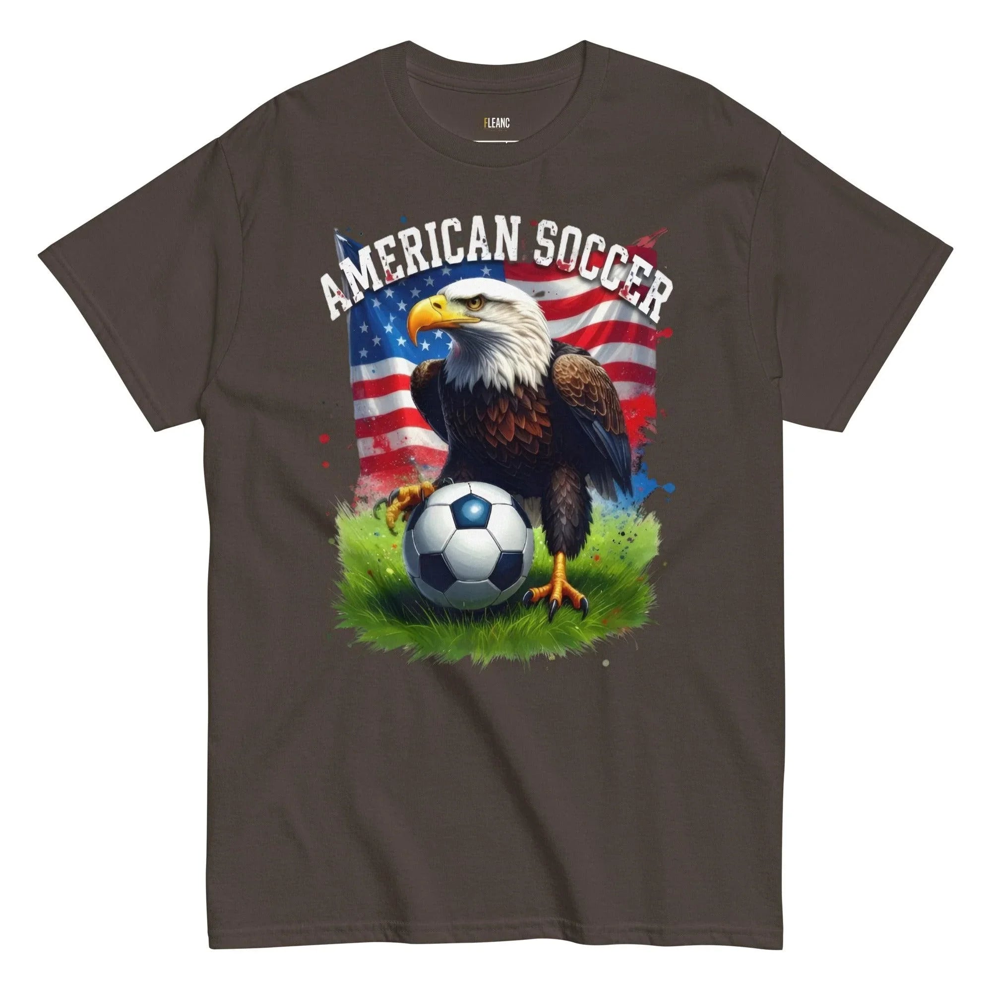 American Soccer t-shirt with bald eagle, USA flag, and soccer ball on grass, patriotic fan apparel
