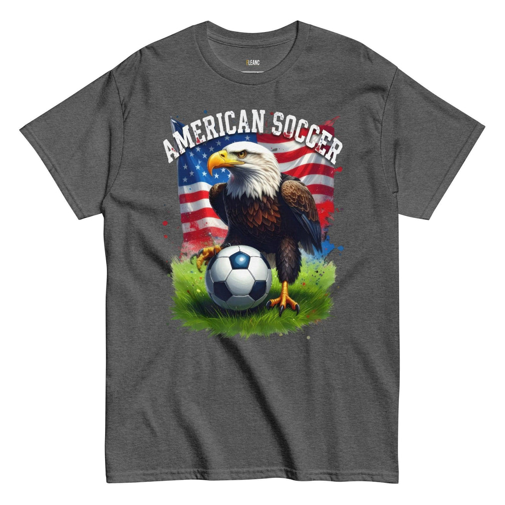 American Soccer t-shirt with bald eagle, USA flag, and soccer ball on grass, perfect for football fans