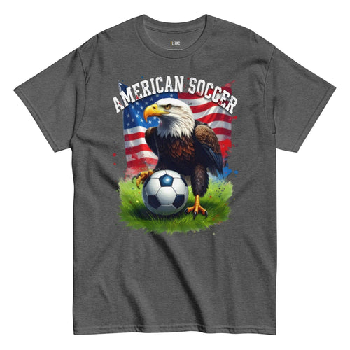 American Soccer t-shirt with bald eagle, USA flag, and soccer ball on grass, perfect for football fans