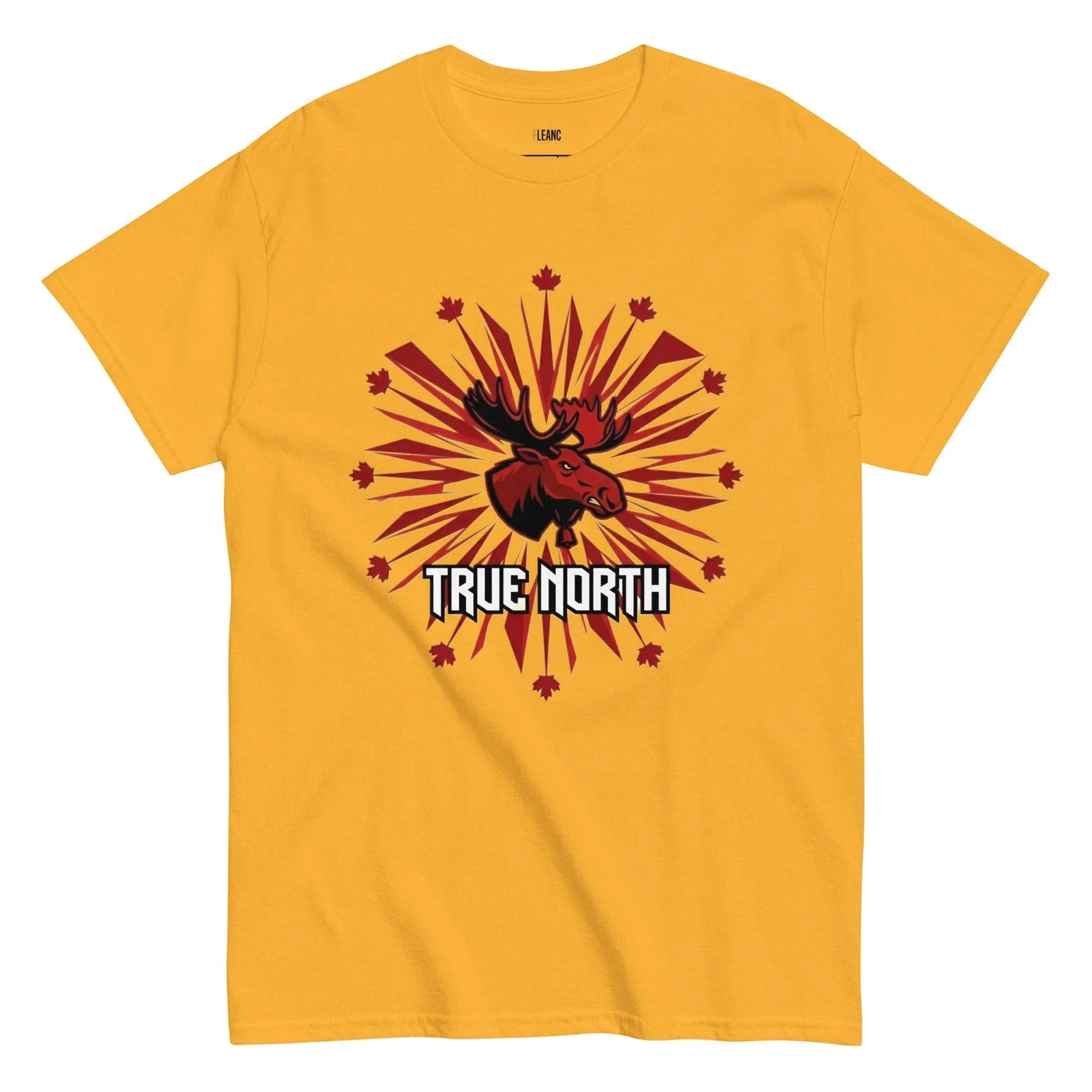 Yellow True North moose graphic tee with red maple leaves and sunburst design