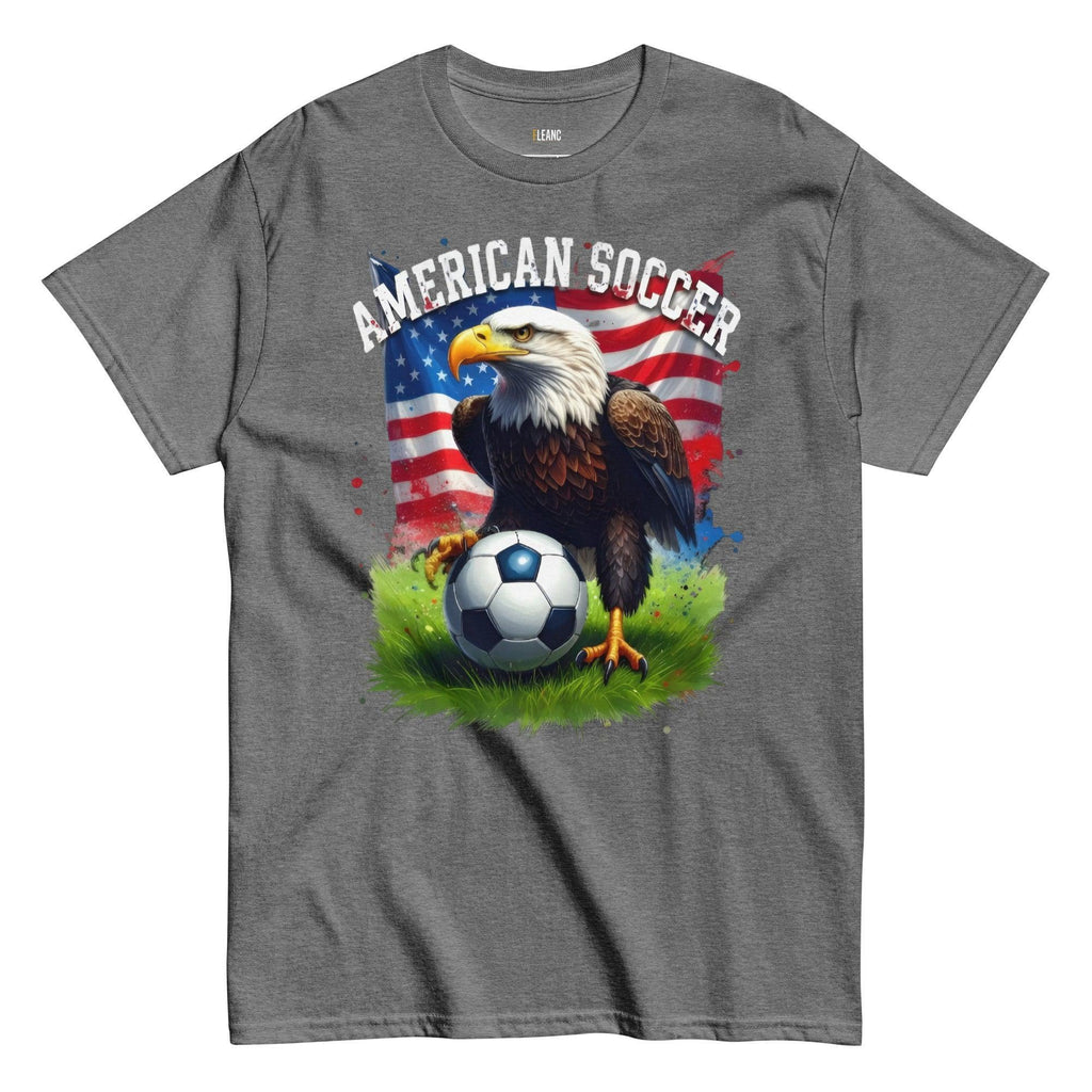 American soccer t-shirt with bald eagle, US flag, and football on grass, patriotic fan apparel