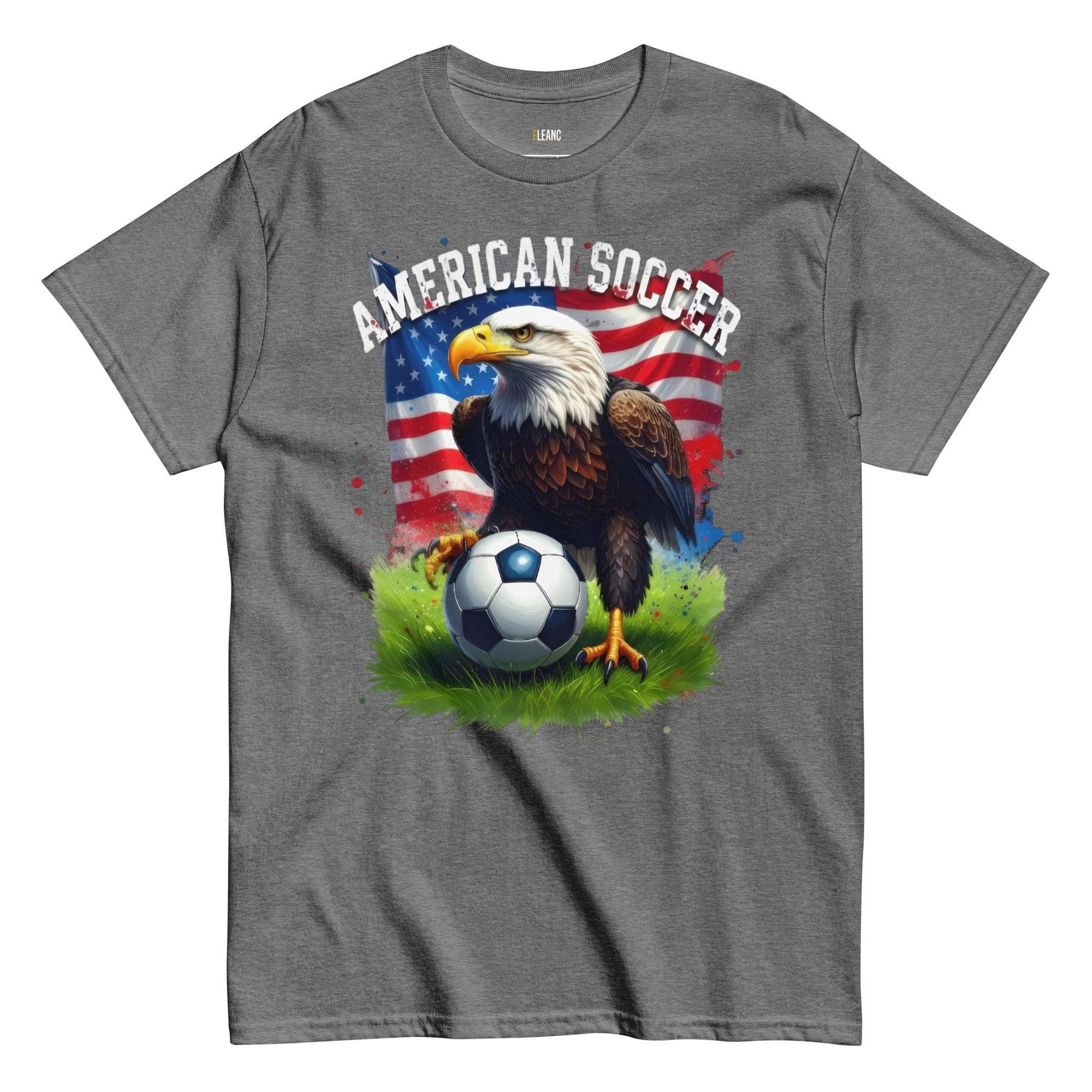 American soccer t-shirt with bald eagle, US flag, and football on grass, patriotic fan apparel