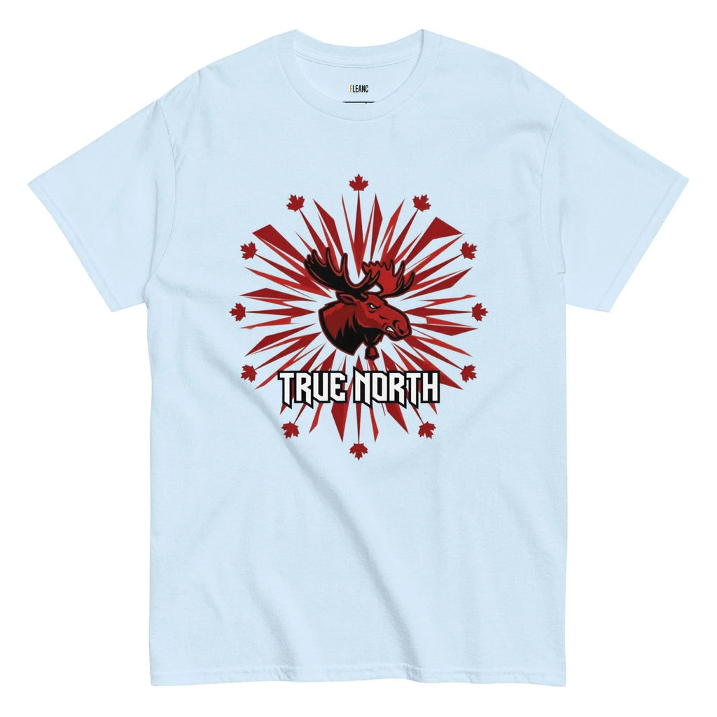 White t-shirt with red moose graphic, maple leaves, and 'TRUE NORTH' text — Canadian sports fan apparel