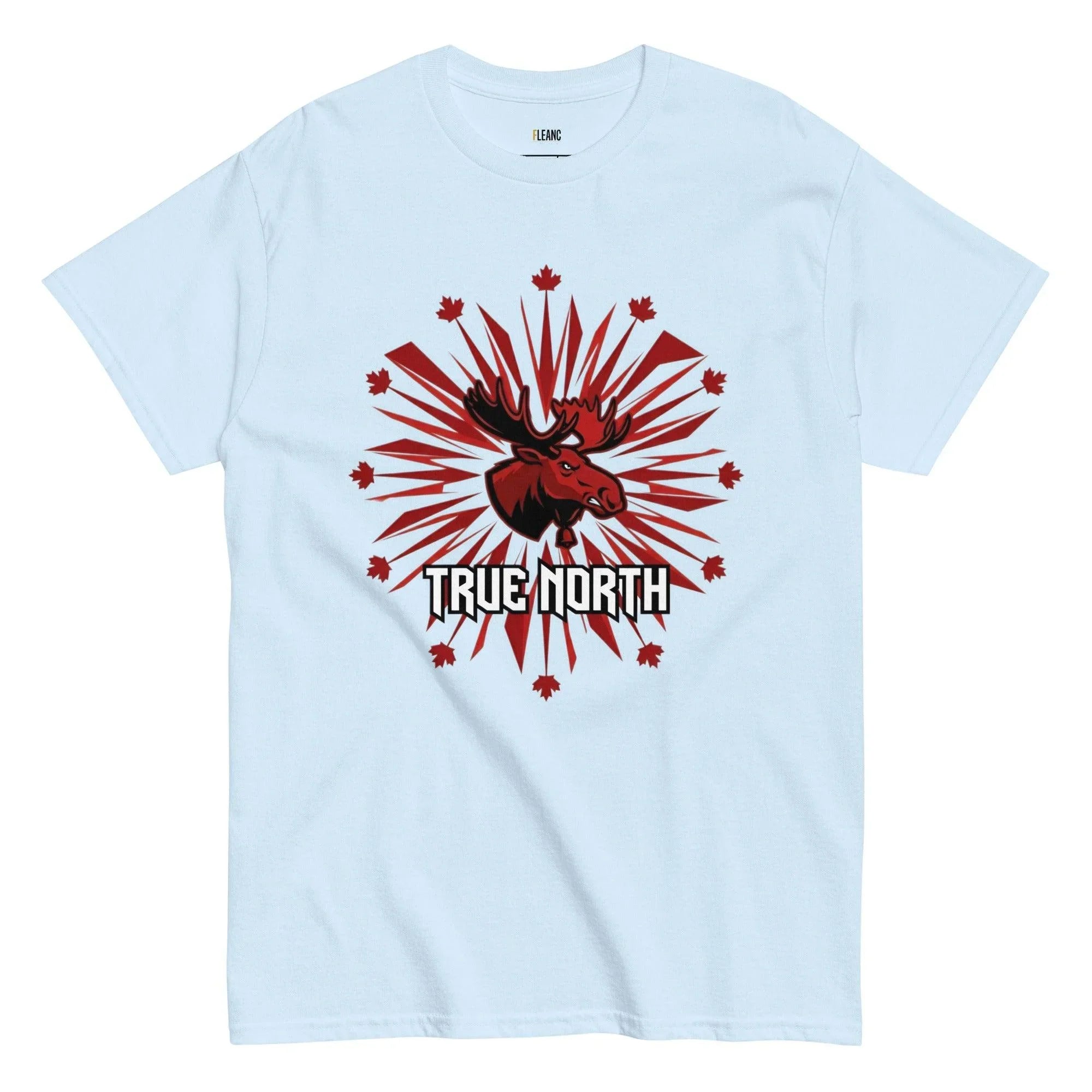 White t-shirt with red moose graphic, maple leaves, and 'TRUE NORTH' text — Canadian sports fan apparel