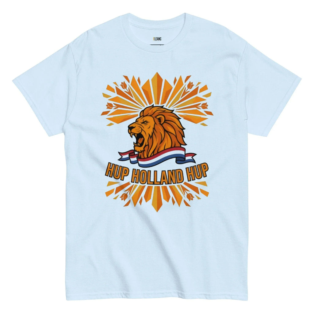 White t-shirt with roaring lion graphic, 'HUP HOLLAND HUP' text, and Dutch flag ribbon for football fans