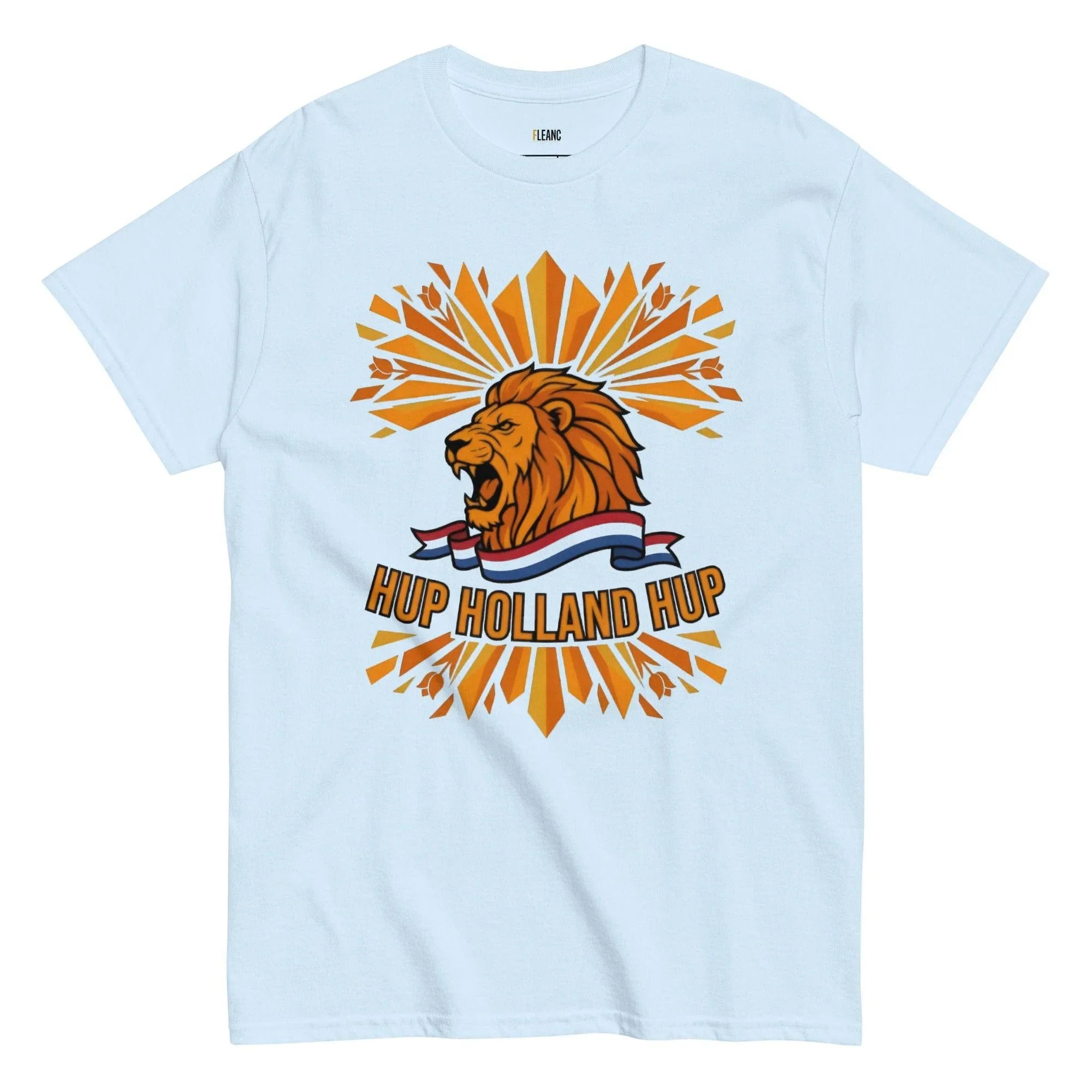 White t-shirt with roaring lion graphic, 'HUP HOLLAND HUP' text, and Dutch flag ribbon for football fans