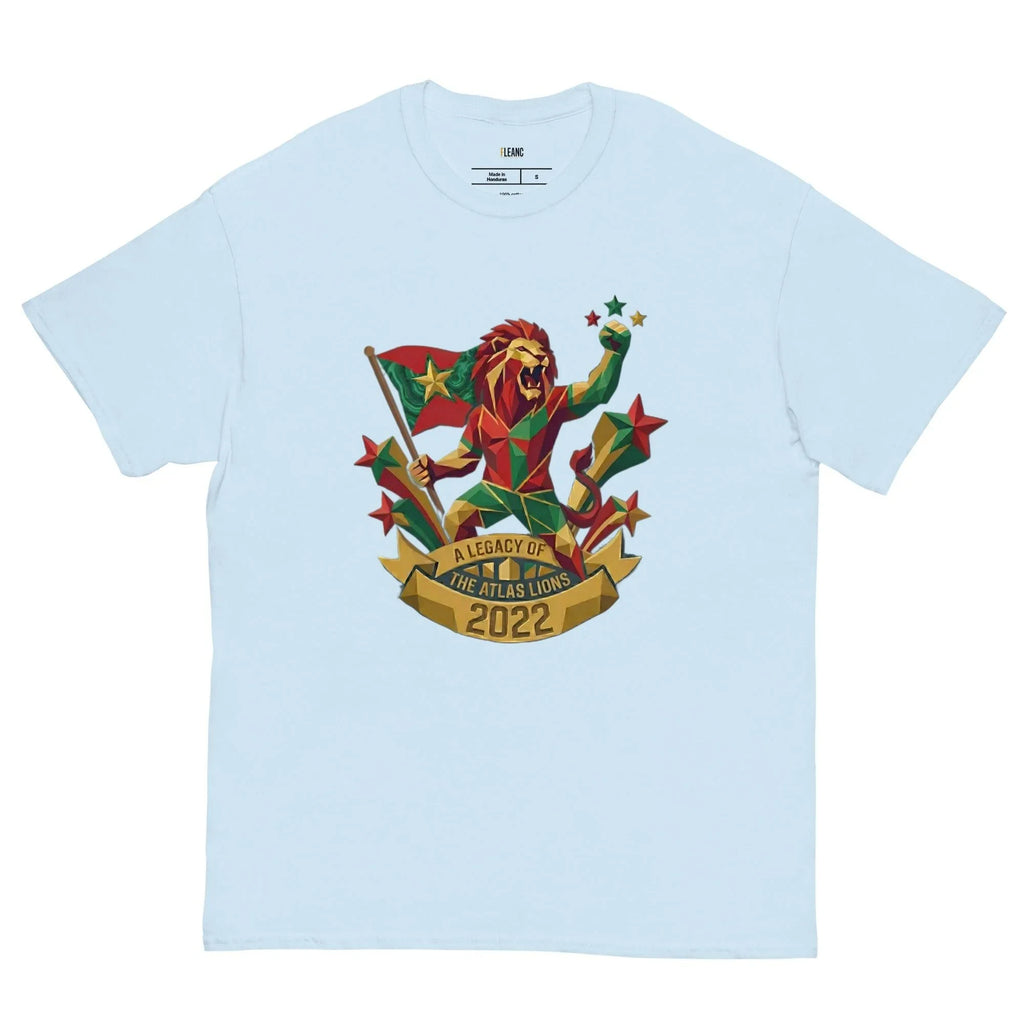 Light blue t-shirt with geometric lion holding flag, stars, and 'A Legacy of The Atlas Lions 2022' banner