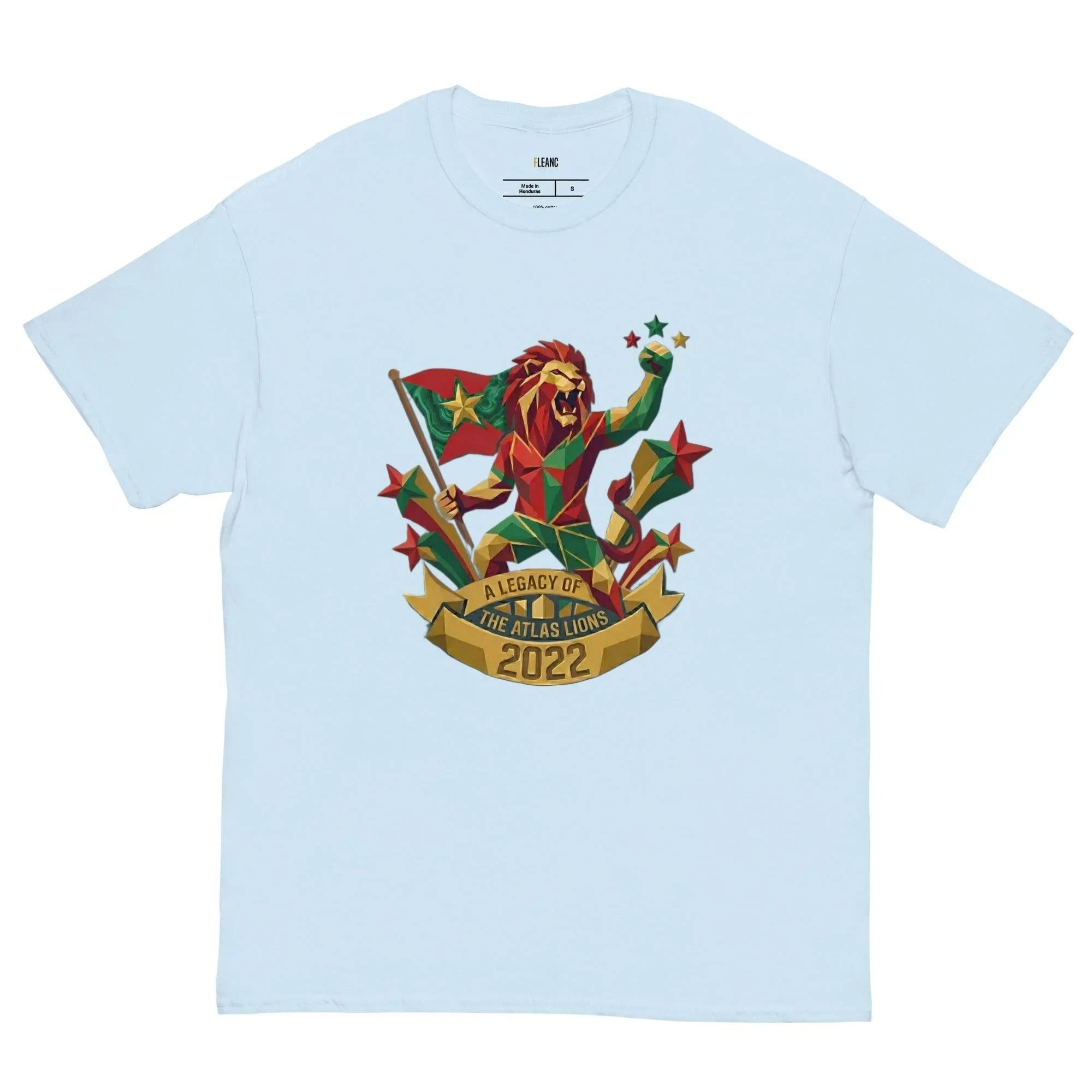 Light blue t-shirt with geometric lion holding flag, stars, and 'A Legacy of The Atlas Lions 2022' banner