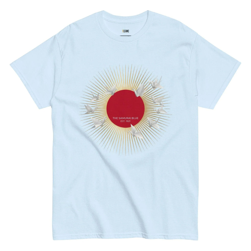 Light blue t-shirt with red sun, origami cranes, and 'The Samurai Blue Est. 1921' design for football fans