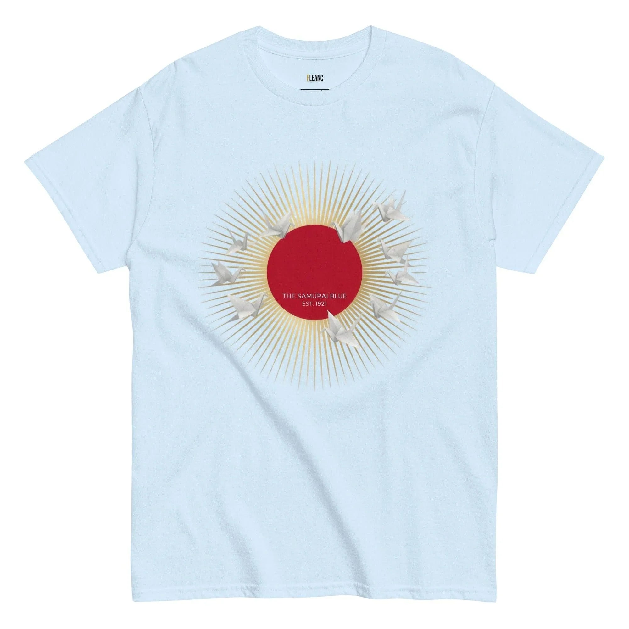 Light blue t-shirt with red sun, origami cranes, and 'The Samurai Blue Est. 1921' design for football fans
