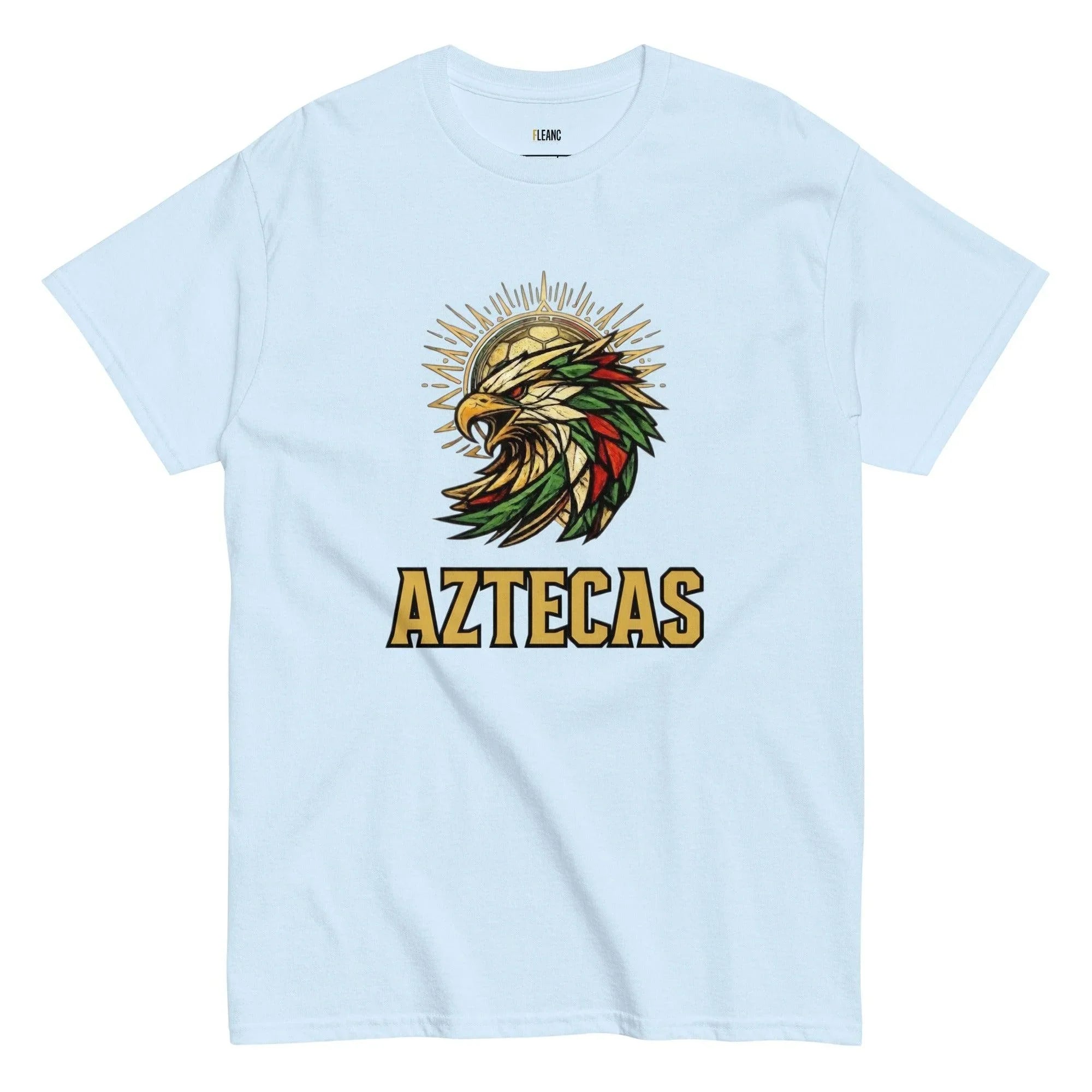 Light blue Aztecas t-shirt with eagle and soccer ball design, perfect for football fans and sports supporters.