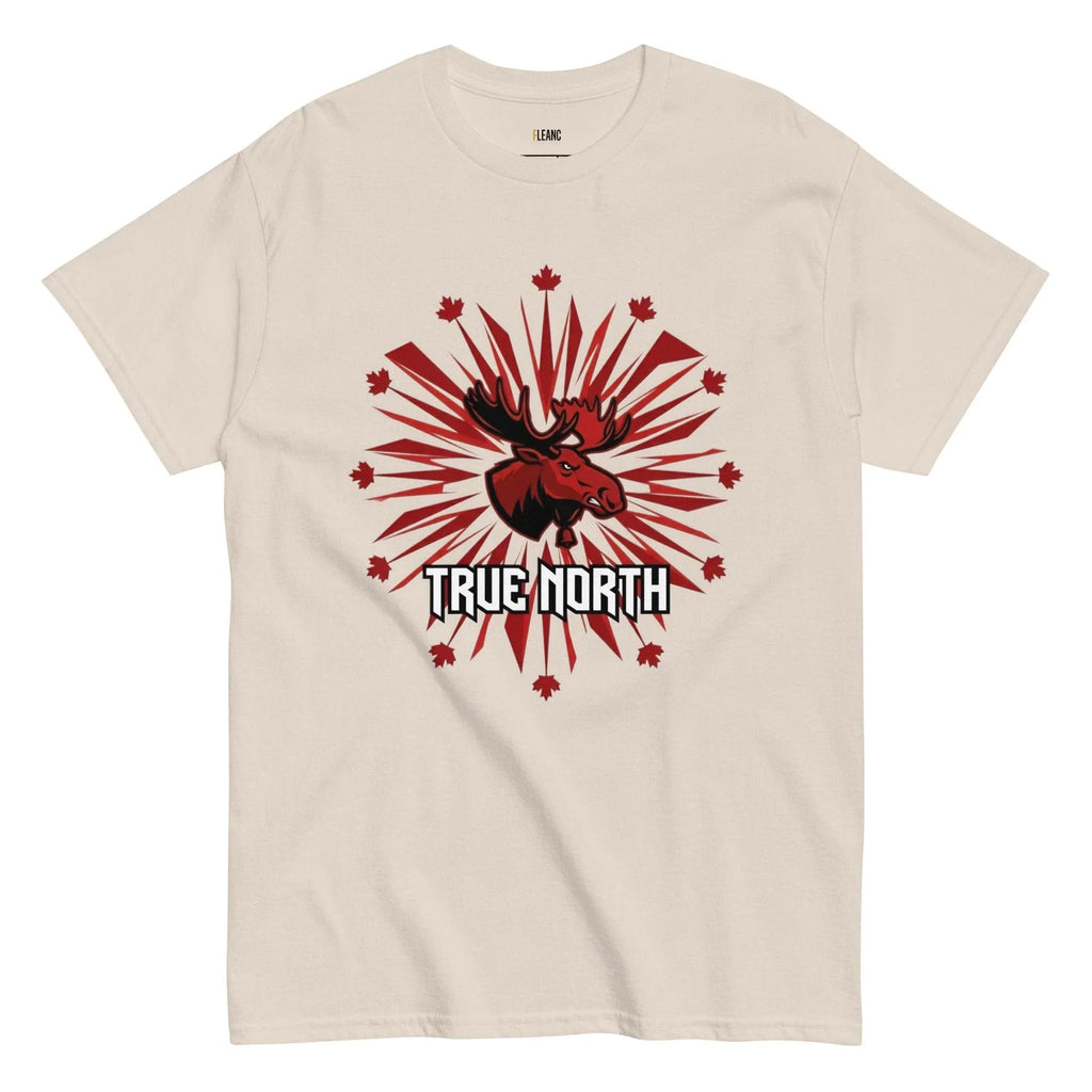 Cream t-shirt with red moose graphic, maple leaves, and 'TRUE NORTH' text for Canadian sports fans