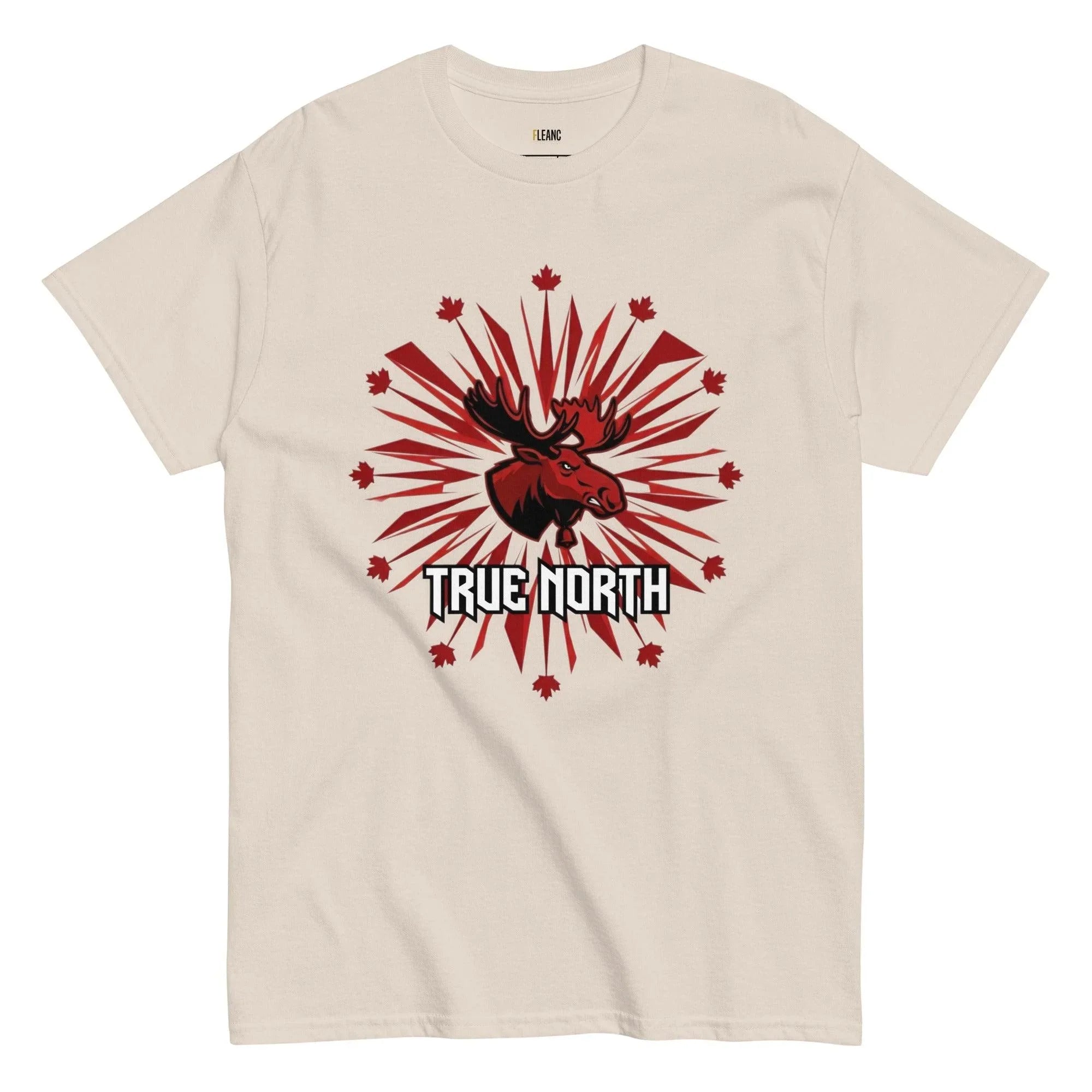 Cream t-shirt with red moose graphic, maple leaves, and 'TRUE NORTH' text for Canadian sports fans