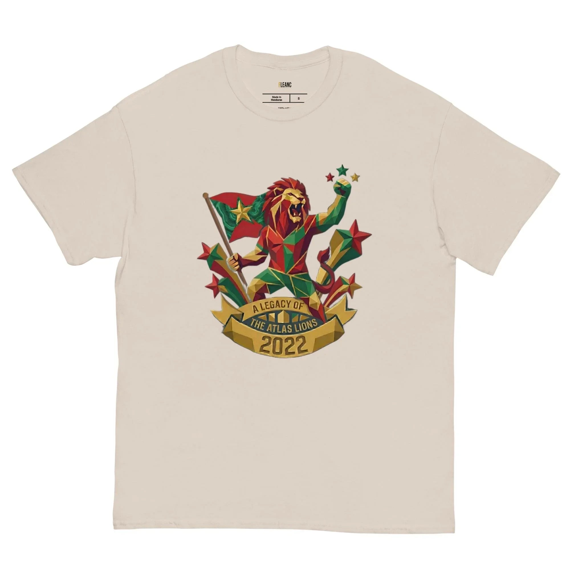 Atlas Lions 2022 legacy t-shirt with geometric lion holding flag, stars, and banner design
