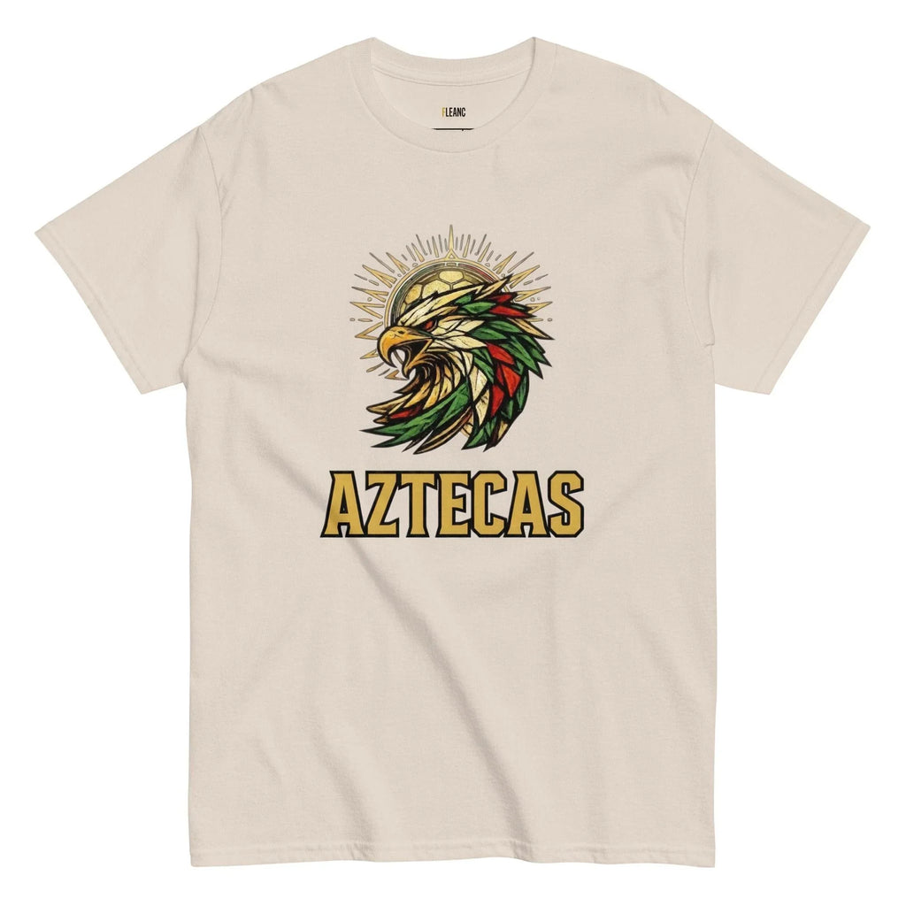 Beige Aztecas soccer t-shirt with eagle graphic, perfect for football fans and sports-inspired apparel lovers.