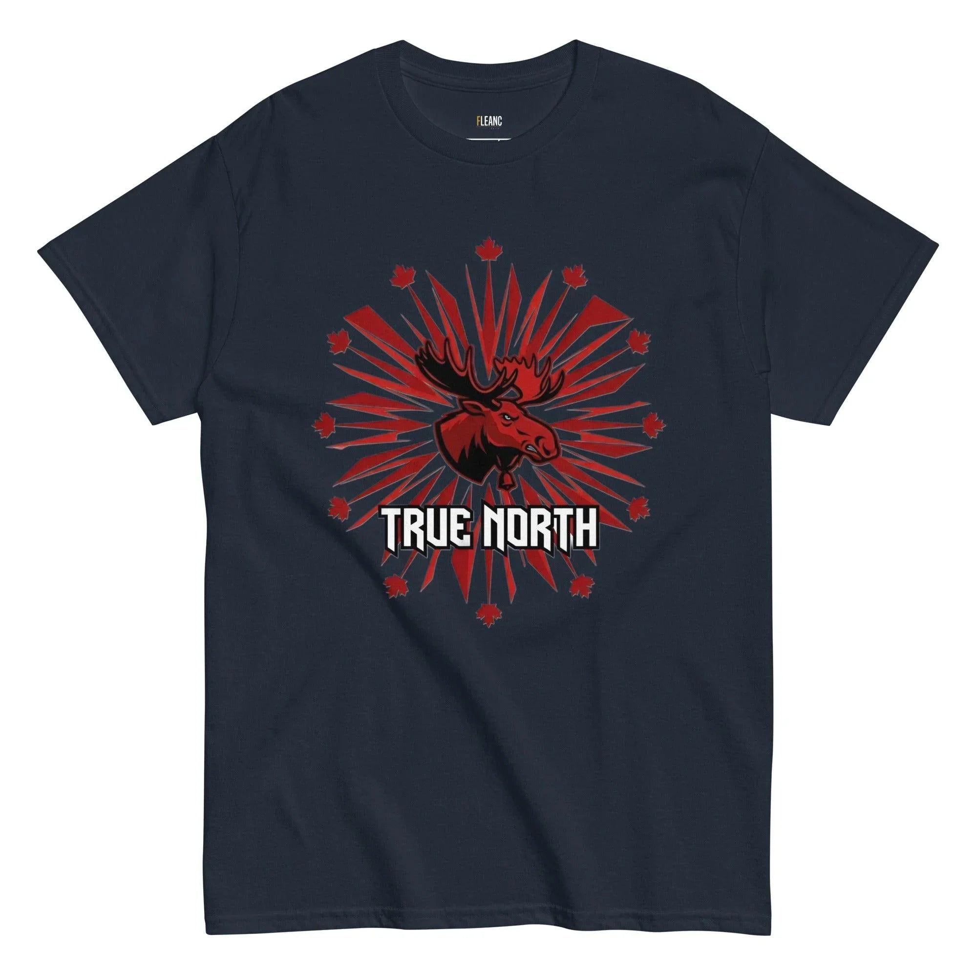 True North moose graphic t-shirt with red maple leaves and burst design, navy blue fan apparel