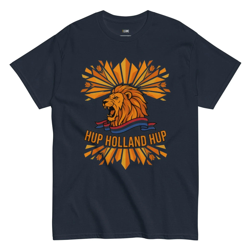 Navy t-shirt with roaring lion design and 'HUP HOLLAND HUP' text for football fans