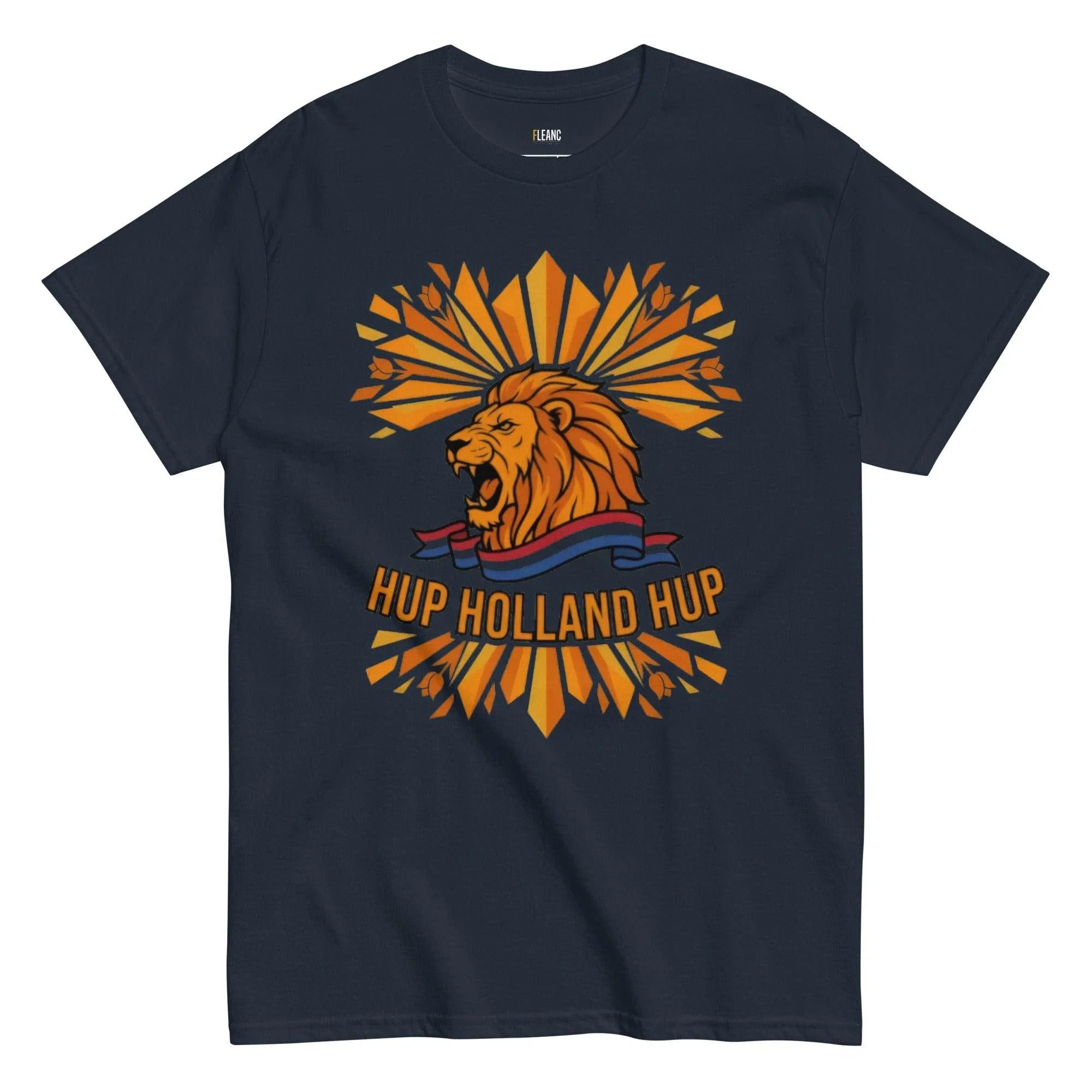 Navy t-shirt with roaring lion design and 'HUP HOLLAND HUP' text for football fans