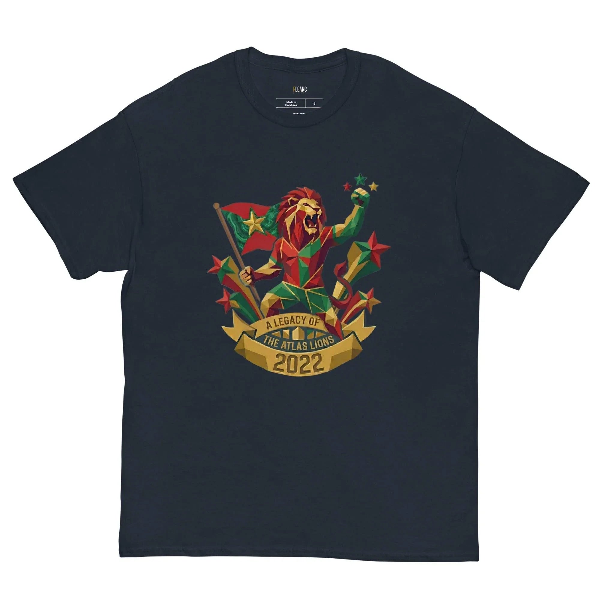Dark navy t-shirt with geometric lion holding flag, stars, and 'A Legacy of The Atlas Lions 2022' banner