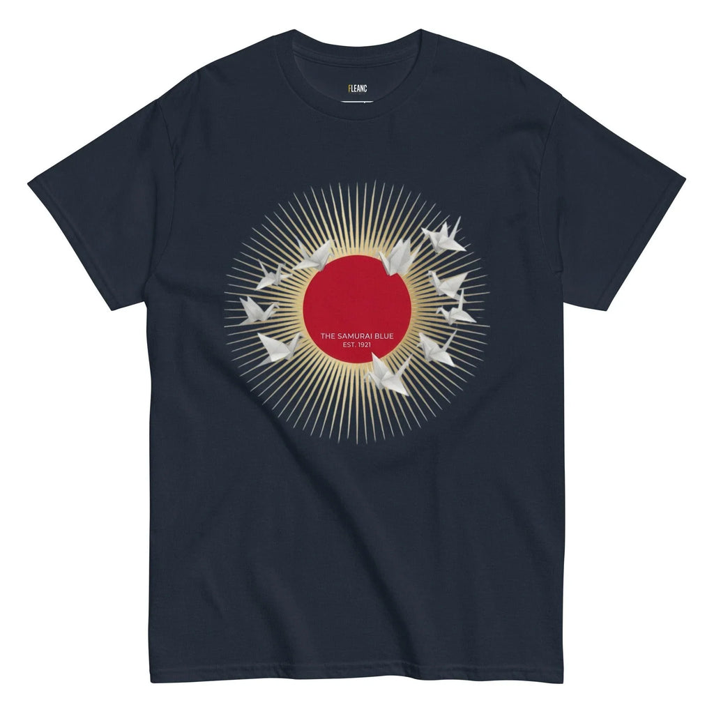 Navy t-shirt with red sun, origami cranes, and 'The Samurai Blue Est. 1921' design for football fans
