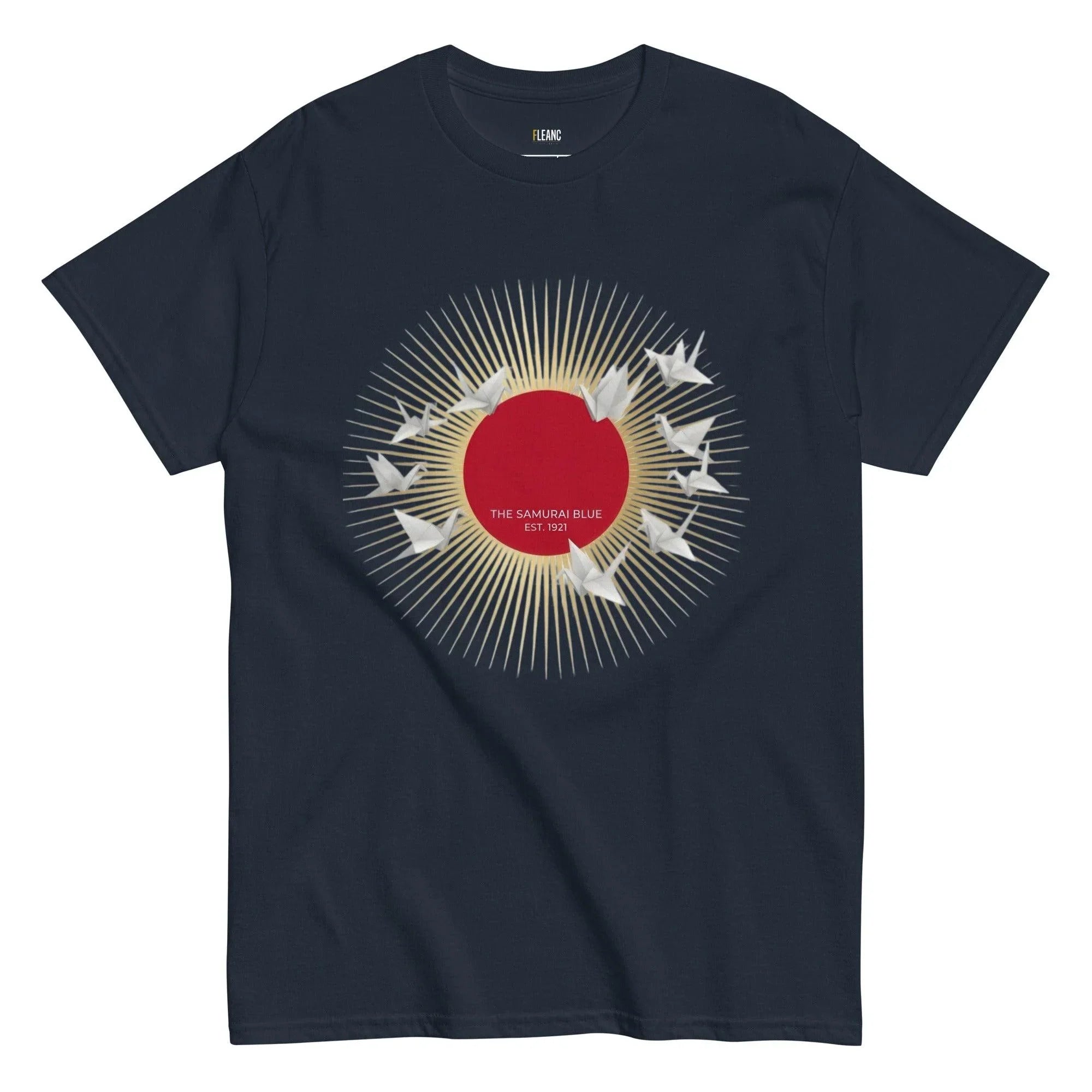 Navy t-shirt with red sun, origami cranes, and 'The Samurai Blue Est. 1921' design for football fans