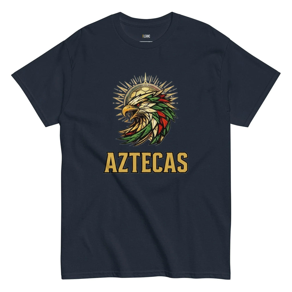 Navy Aztecas soccer t-shirt with eagle and ball design, fan apparel for passionate supporters
